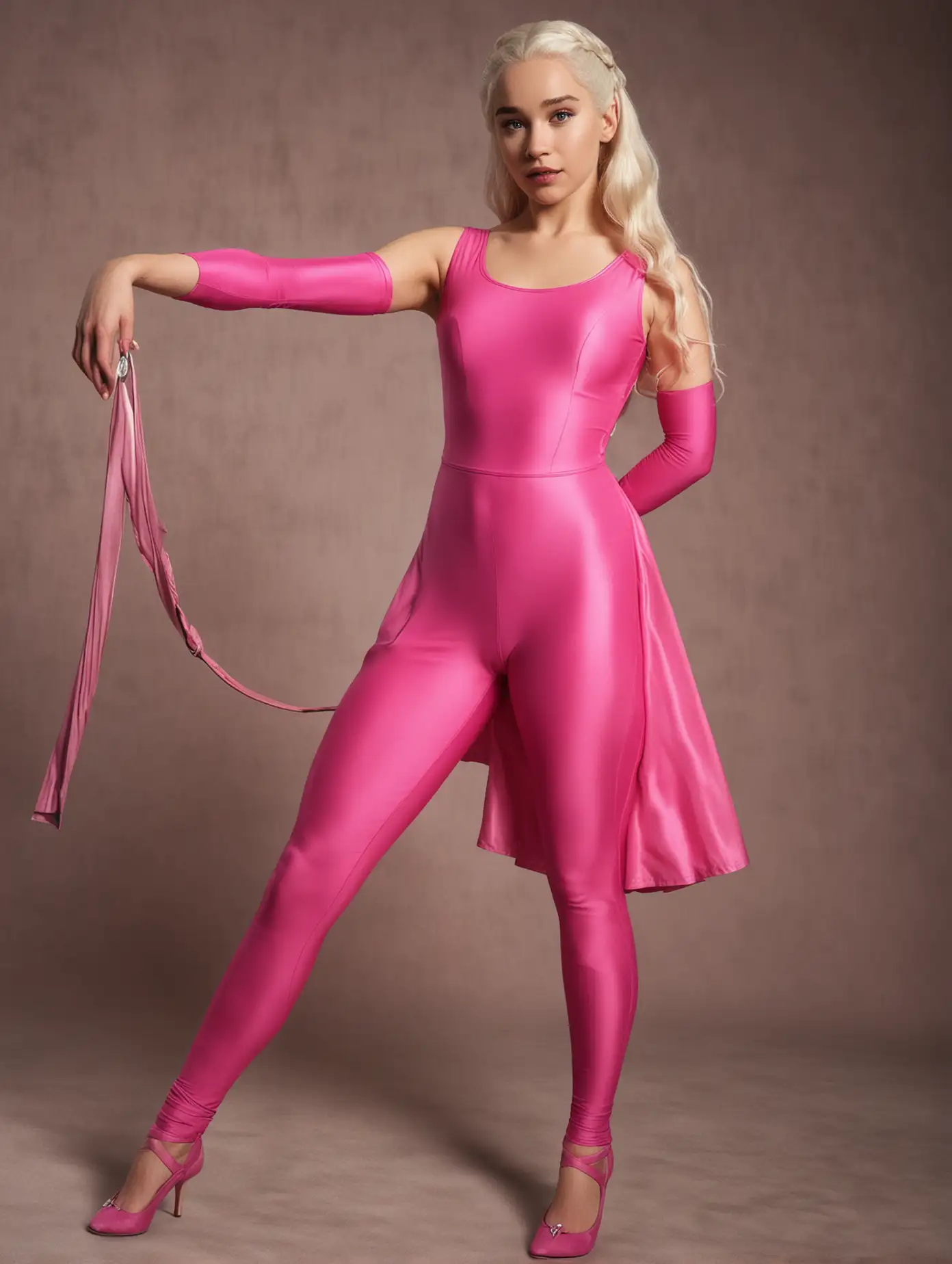 daenerys targaryen in einem glänzenden hotpink Spandex Scoop Neck Unitard with Stirrup und silbernen ballettschläppchen, gekreuzigt an der wand, aufgehängt, die beine gespreizt, in einem mittelalterlichen Verlies