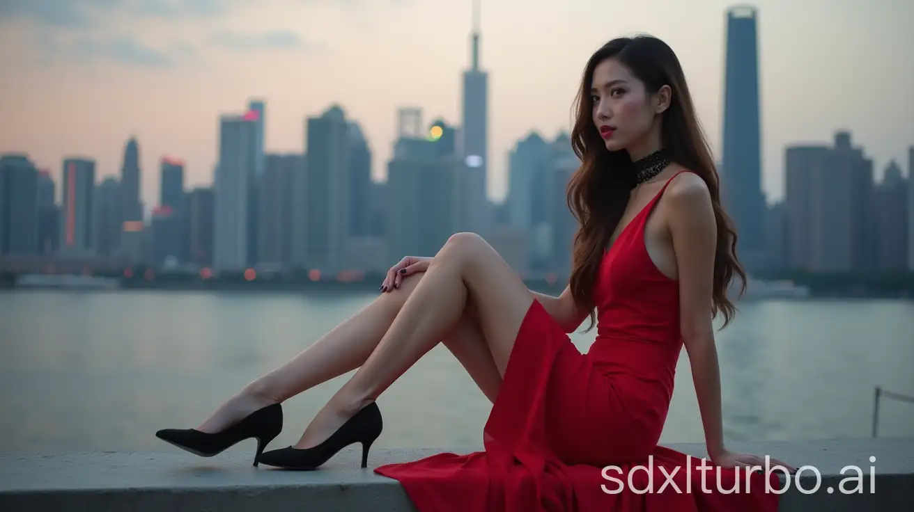 Chinese-Woman-in-Red-Dress-Overlooking-City-Skyline-at-Dusk