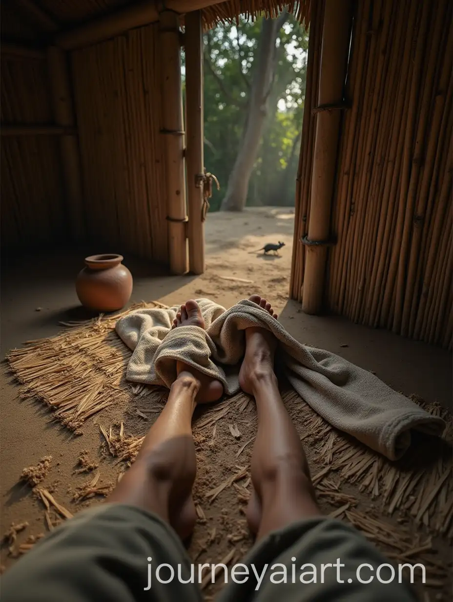 Male-Slave-Waking-Up-in-a-Thatched-Hut-with-Morning-Light-and-Sparse-Interior