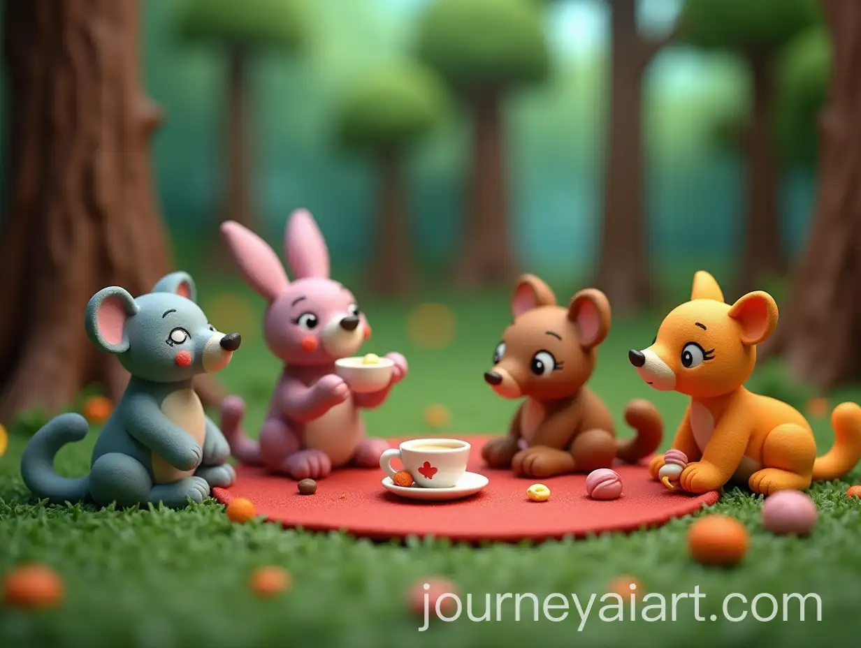 Whimsical-Forest-Tea-Party-with-Colorful-Clay-Animal-Characters
