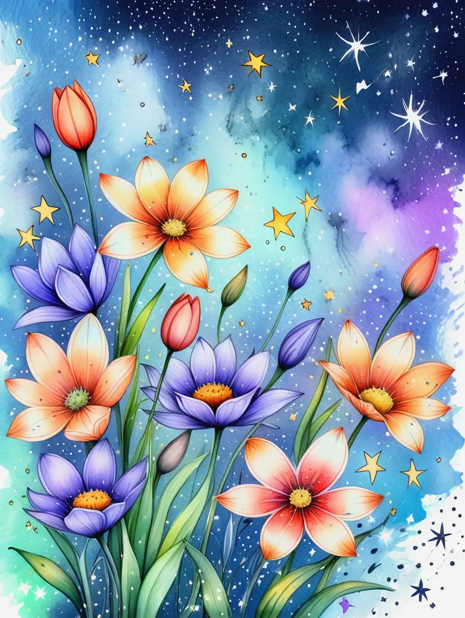 Spring-Flowers-on-a-Starry-Watercolor-Background-with-Splashes