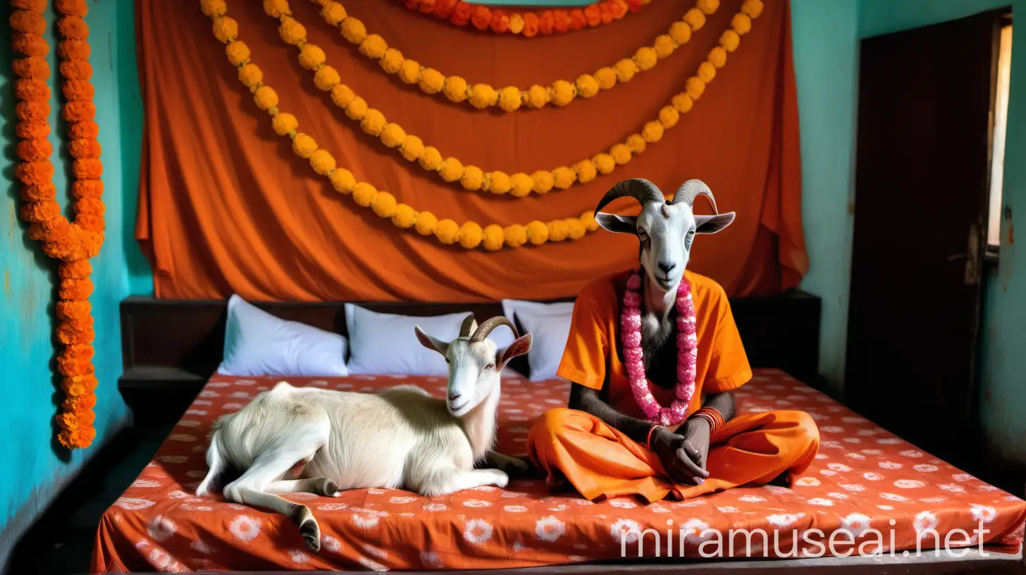 Indian Hindu Ashram Room with Colorful Clothing and Flower Garland