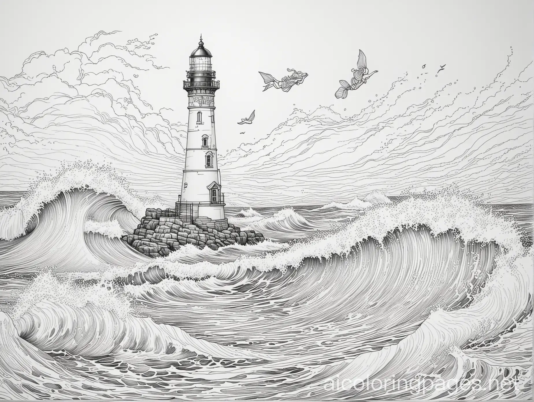 Ocean-Waves-with-Lighthouse-and-Mermaid-Coloring-Page