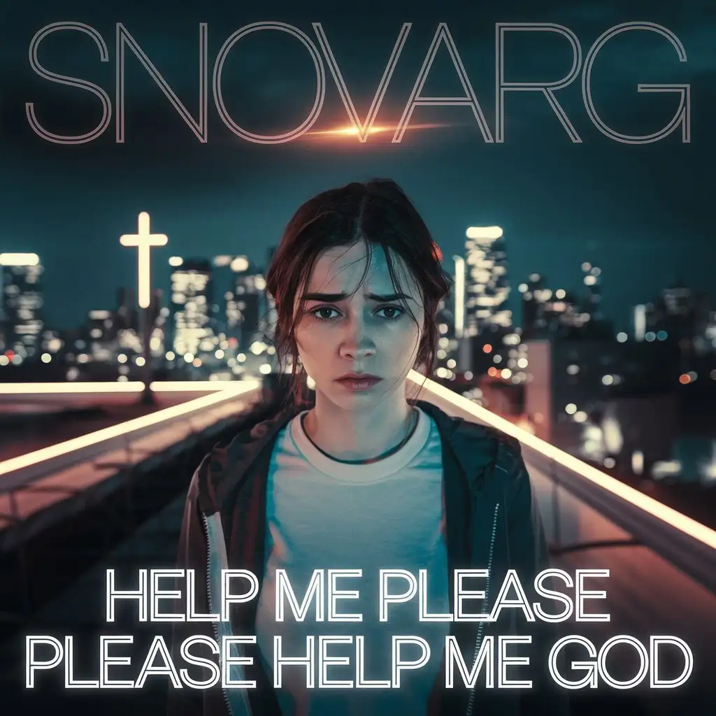 Text 'Help me please please help me God’nText 'Snovarg'nFont Style: Clean, modern, slightly futuristic but still readable. The title should blend seamlessly into the atmosphere, possibly glowing or fading into the background.nMain Subject: A young woman, around 20-30 years old, looking lost or emotionally drained, conveying a sense of struggling with faith, reflect deep contemplation, searching, or silent despair.nBackground & Atmosphere: A modern, urban environment at night, softly illuminated by neon lights or glowing elements, subtly representing the electronic music style. The setting can be a lonely street, a rooftop, or a dimly lit room with a window looking out into the city.nA soft, almost unreachable light in the background, representing a longing for divine connection.nA faint glowing cross integrated into the lighting or reflections (not overly religious, just a subtle touch).nAbstract energy waves or ethereal elements to reflect the electronic music genre.nA mix of deep blues, purples, and dark grays to evoke loneliness and struggle.nContrasting electric blue, neon violet, or soft golden lights to represent hope, faith, or the divine.nThe lighting should be moody, cinematic, and atmospheric—creating an emotional yet modern appeal.nA blend of realism and surrealism, with a slightly futuristic or dreamy touch to reflect electronic music aesthetics.nThe cover should connect emotionally with listeners who feel spiritually lost but still seek answers.nDesigned to attract Christian music fans and electronic music lovers alike.nShould be eye-catching even in thumbnail size.