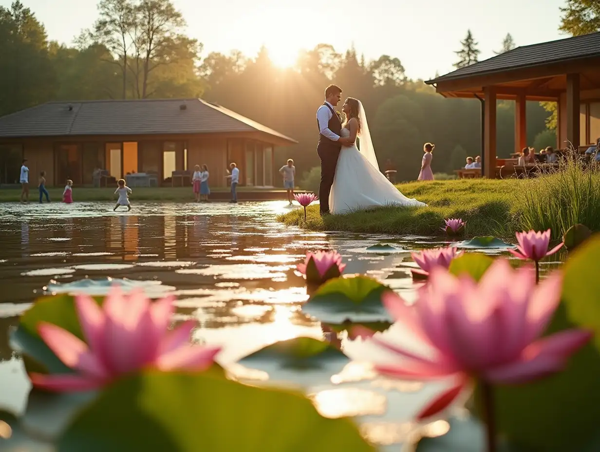 in the foreground, the newlyweds are close-up in the frame on the shore of a pond with large pink water lilies, on the other side of the pond with large pink water lilies, children and other people are walking and playing by the water, on the other side there is also a simple wooden pergola and a chalet house with panoramic windows in all walls from floor to roof, that is, each wall is the panoramic window, everything else around the pond is a minimalist landscape design, a sunset sunny day and a lot of sunset sunlight, the foreground is in focus and the background is blurred