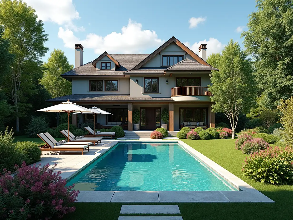 Create for me a house with a large garden and pool with a big house, colorful bushes