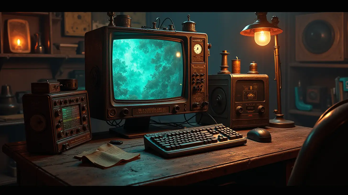 SteampunkInspired Personal Computer with Monitor and Mouse in Psychedelic Style