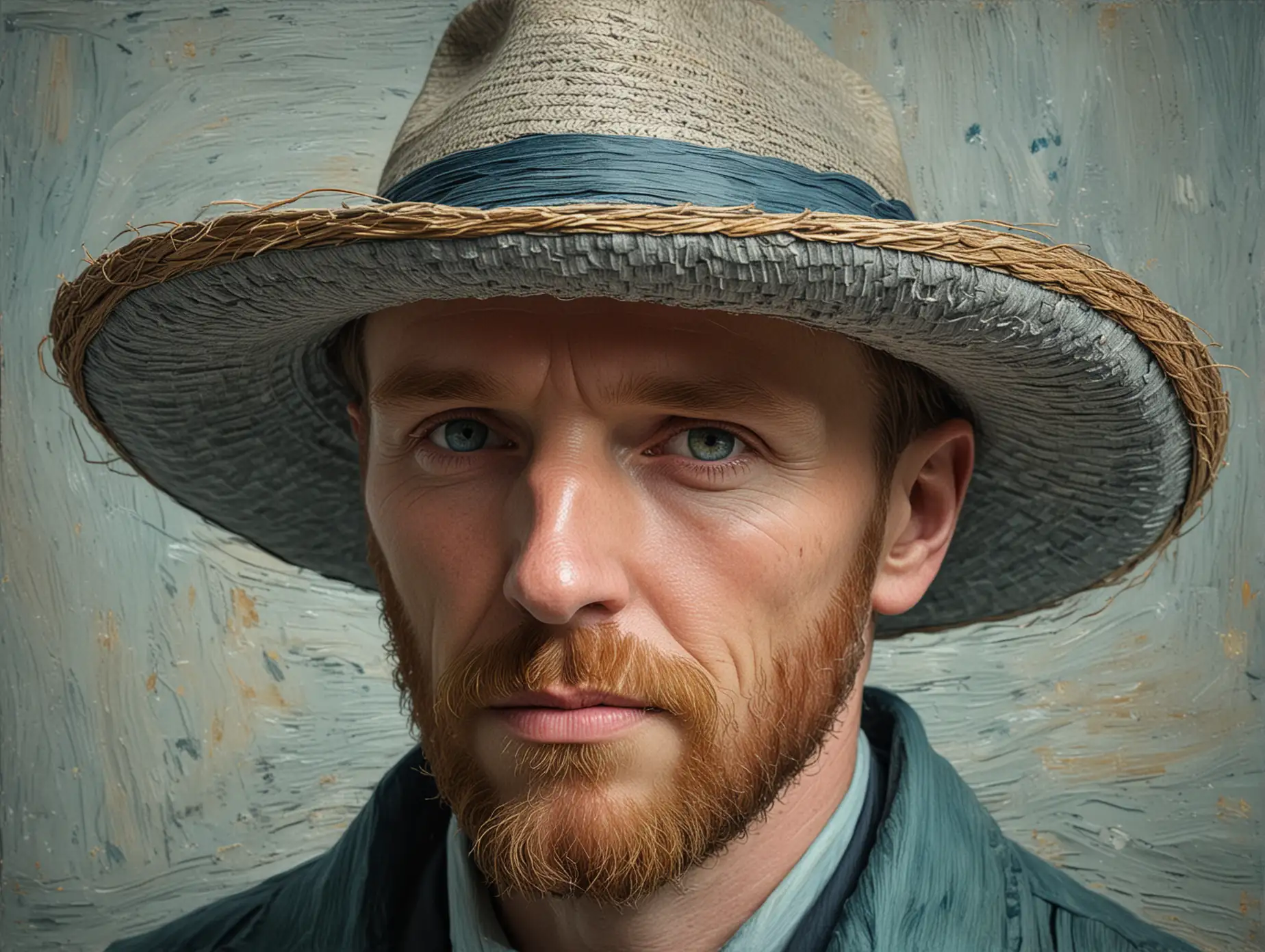 Recreate Vincent van Gogh’s 'Self-Portrait with Grey Straw Hat' using bright, vivid colors and swirling strokes that enhance the depth and texture of the original work. The colors should be rich and bold, highlighting the contrast between the grey straw hat, the background, and van Gogh’s facial features. The image should be detailed, with intricate textures and layers that add a sense of depth and movement to the painting, capturing the essence of van Gogh’s dynamic brushstrokes. Ensure that the final piece stays true to van Gogh’s distinctive style, making it suitable for gallery display and showcasing the beauty and complexity of this iconic self-portrait