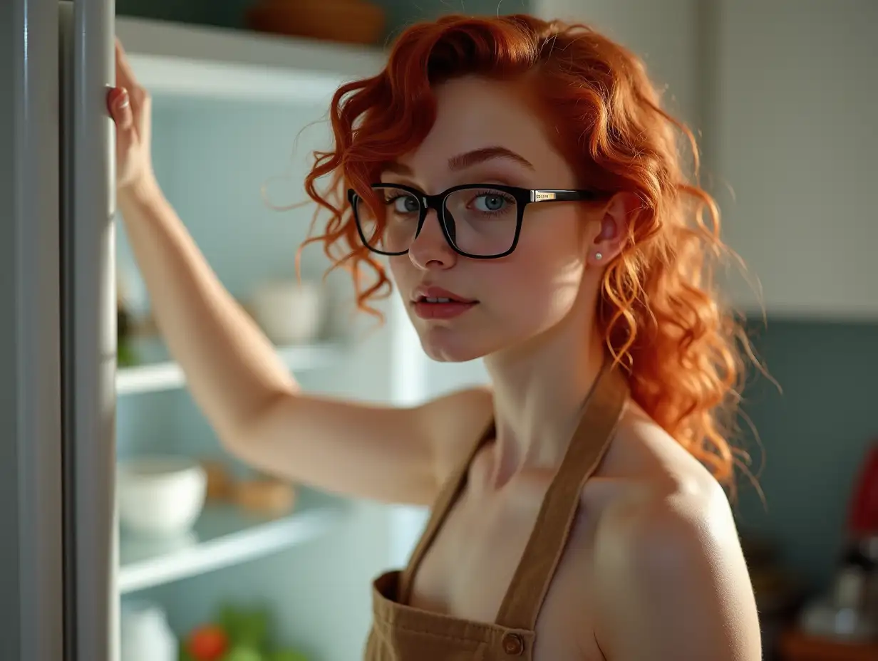 Attractive-RedHaired-Student-with-Venetian-Curls-Opening-the-Fridge-in-a-Naked-Kitchen-Apron