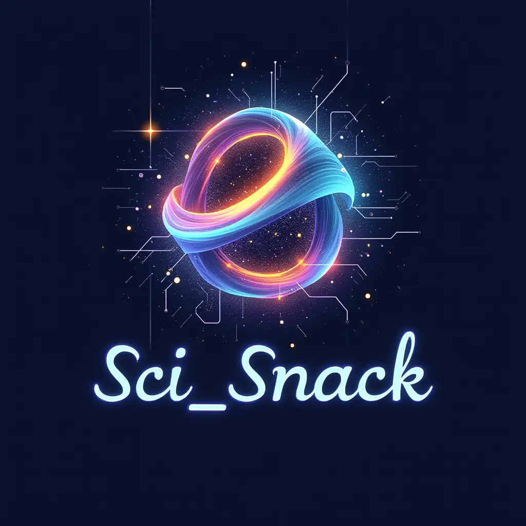 A captivating and artistic logo for a brand called 'Sci_Snack' The design features a blend of abstract, futuristic elements with a creative twist. The centerpiece is a glowing, geometric shape (like a polygon or a fluid wave) that merges seamlessly with artistic brushstroke effects, symbolizing creativity and animation. Around the shape, faint digital circuits and holographic effects hint at artificial intelligence. The text 'Sci_Snack' is written in an elegant, modern font beneath the design, with a subtle gradient of vibrant hues (blue, violet, and gold). The overall logo feels futuristic, dynamic, and visually stunning, perfect for a content creator focused on AI and artistry.