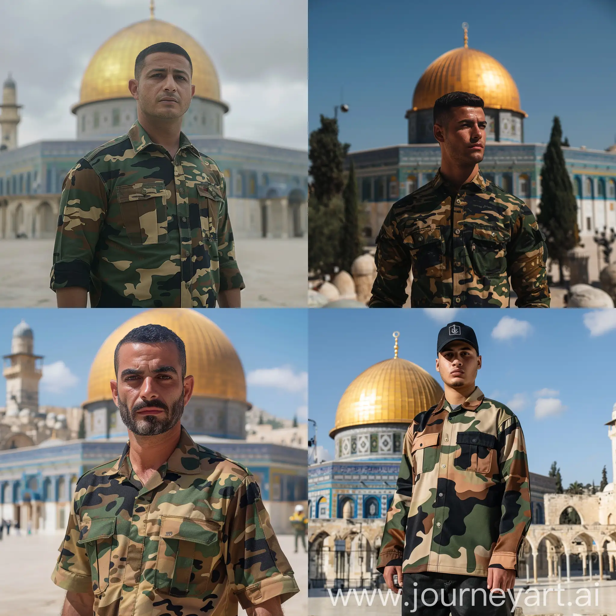 Military-Shirted-Man-Standing-by-Dome-of-the-Rock-Mosque-in-Palestine