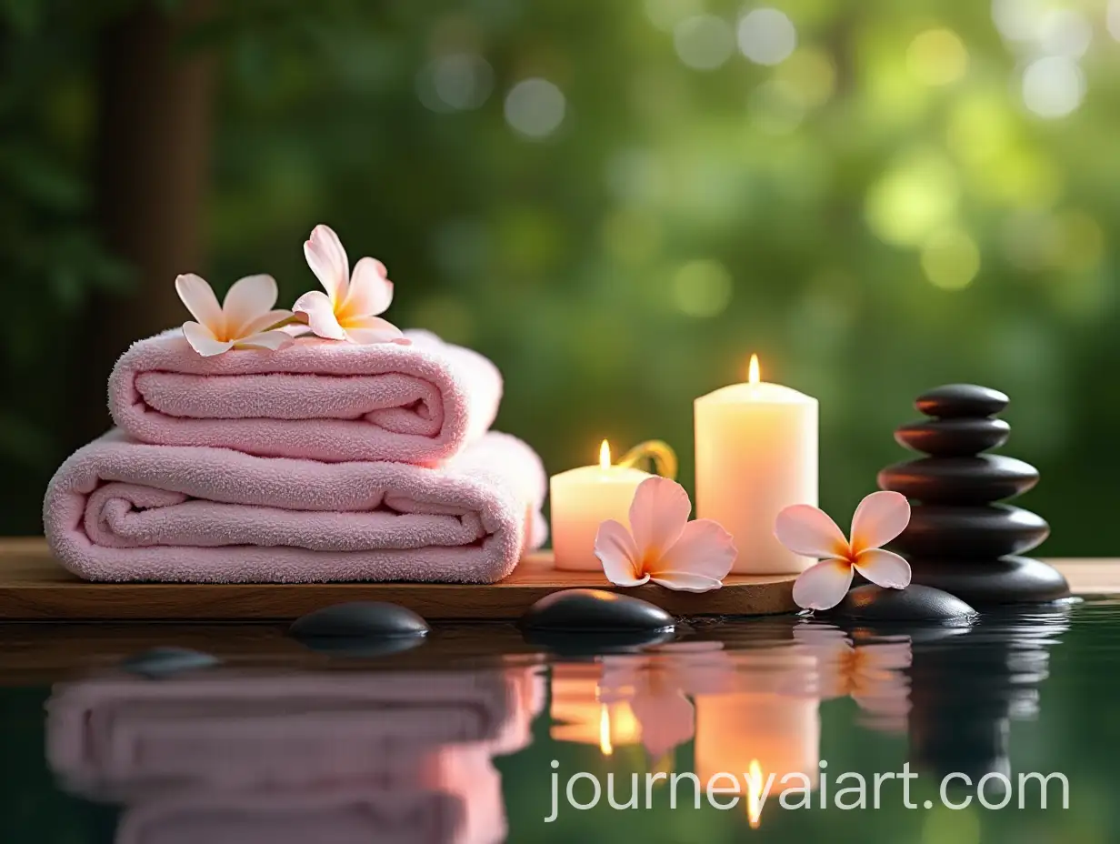 Spa-Salon-Ambiance-with-Towels-Flowers-Candles-Water-and-Stones