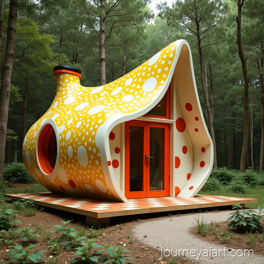 Yayoi-KusamaCabin-in-Kusama-Style-and-ArakawaInspired-Polka-Dot-Architectural-Cabin-in-Forest-Setting
