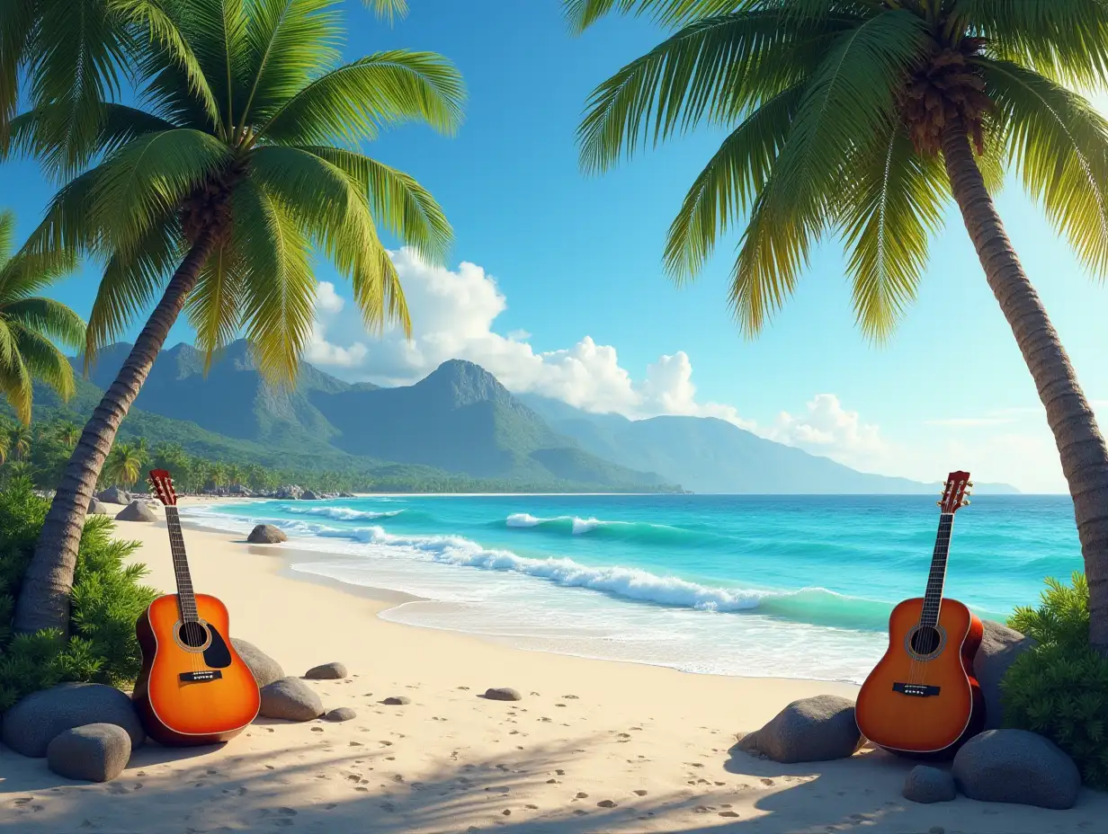 a beach with palm trees and guitars in a photorealistic way and high mountains in the background