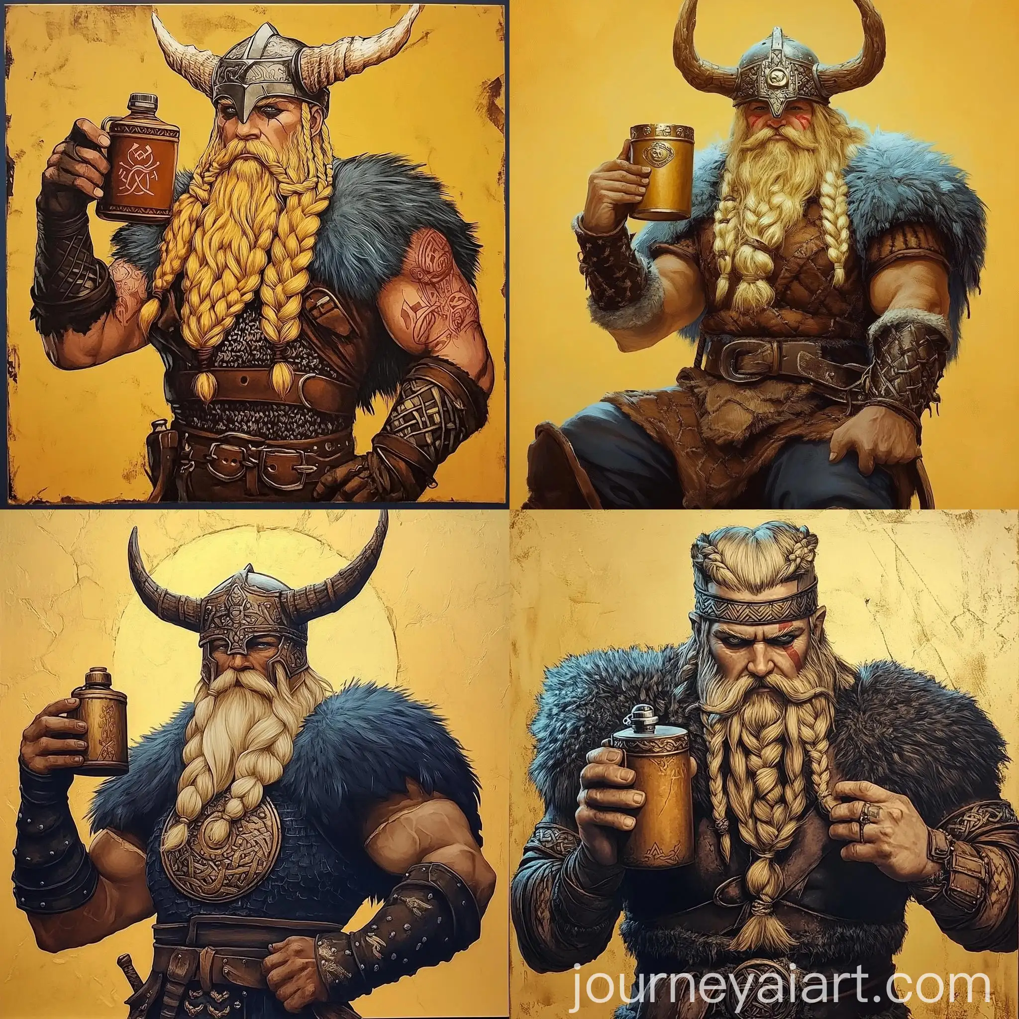 Viking-Warrior-Holding-Drinking-Flask-on-Honey-Gold-Background