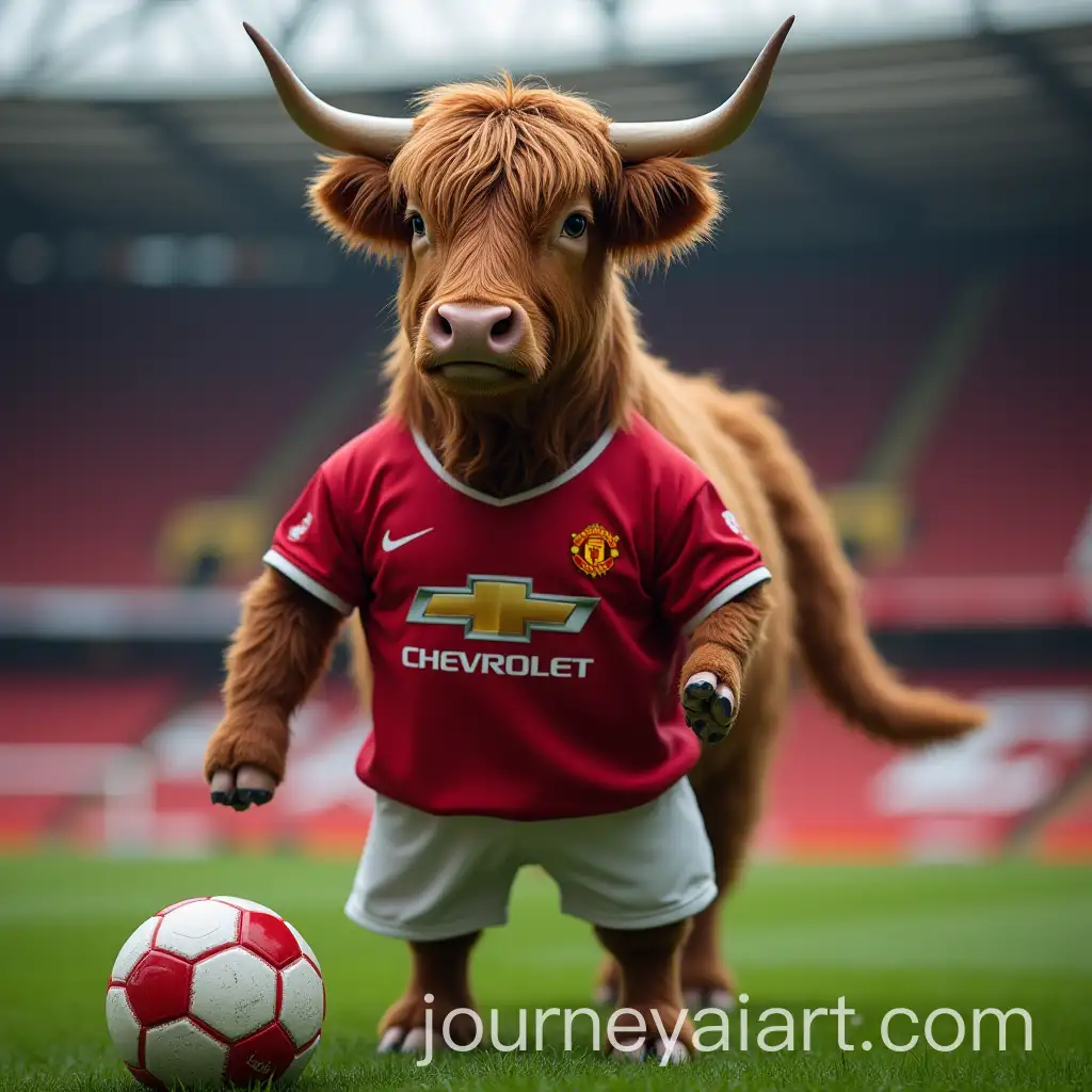 Highland-Cow-in-Manchester-United-Football-Kit-at-Old-Trafford