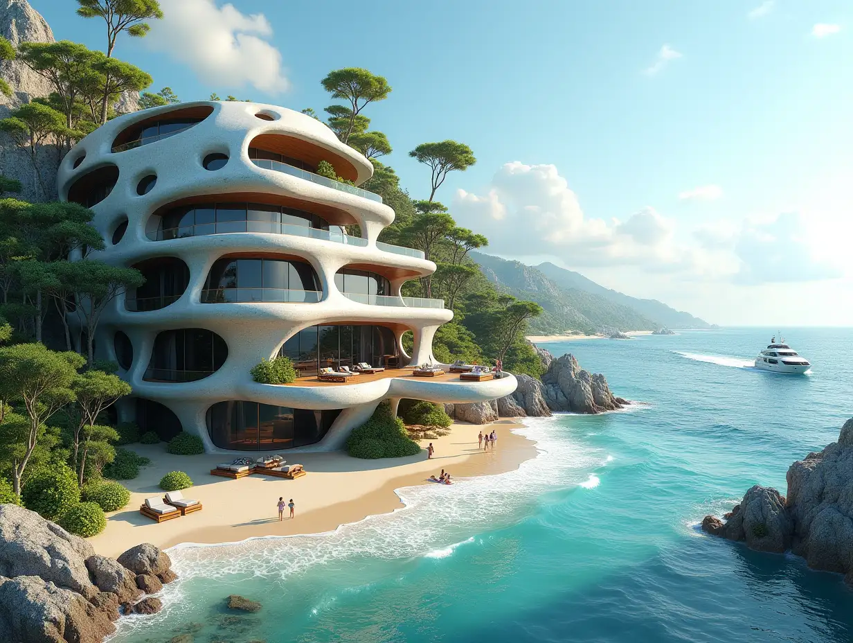 Create a high-resolution, realistic panorama image of a futuristic terrace building with snail house windows with bridge, a yacht and a small beach with people, many plants and grey and brown facades with sea with waves, big trees, blue sky