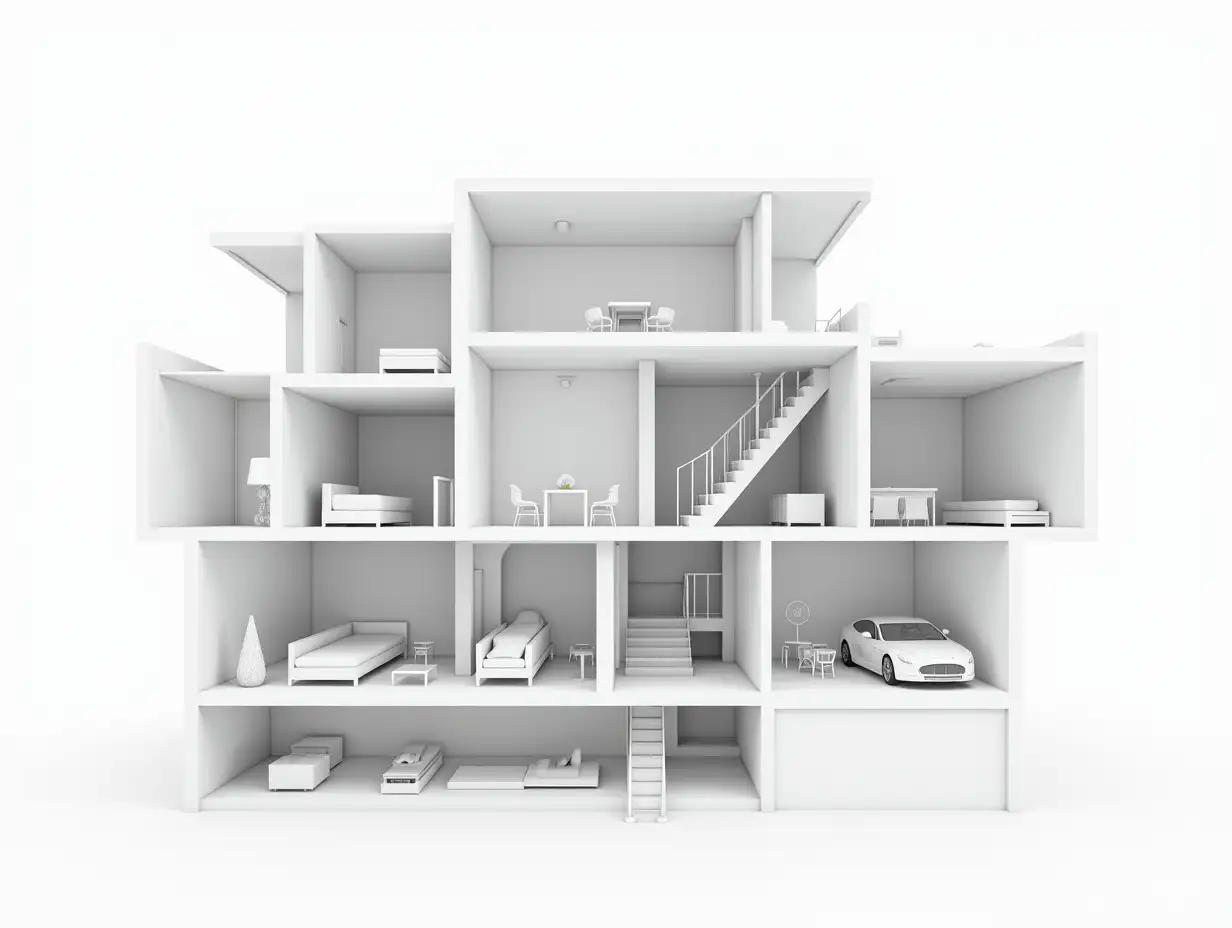 Architectural drawing section of a residential building, isometry. Several levels are visible, including the basement, the first floor, the second floor and the attic. The image shows the interior layout of the house, including stairs, rooms, furniture and interior elements, a garage with a car. Matte white monochrome on a white background, complex architecture, 3d model, 3d render, macro photography, Cinema 4d, volume, shadows, studio lighting.