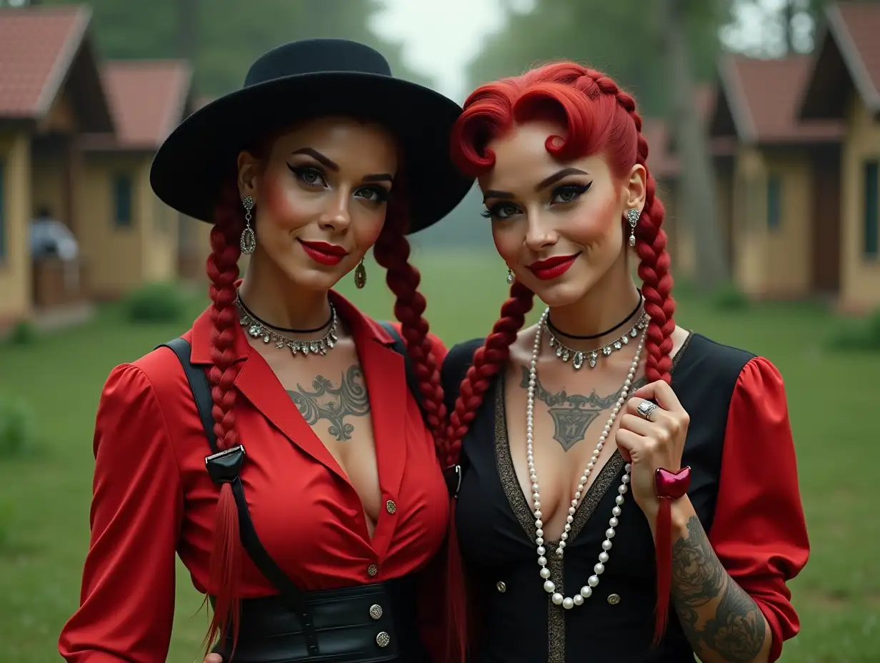 Two white, curvy Pin-up Girls aged 70, red braids, wear a deeply cut blouse in red and black, a slight smile on their faces, tattoos, a modern hat. Red lipstick highlights their smiles, modern jewelry, dark skin and much more a pearl necklace in their hand, in a park with many houses in India Cyberpunk 8k quality.