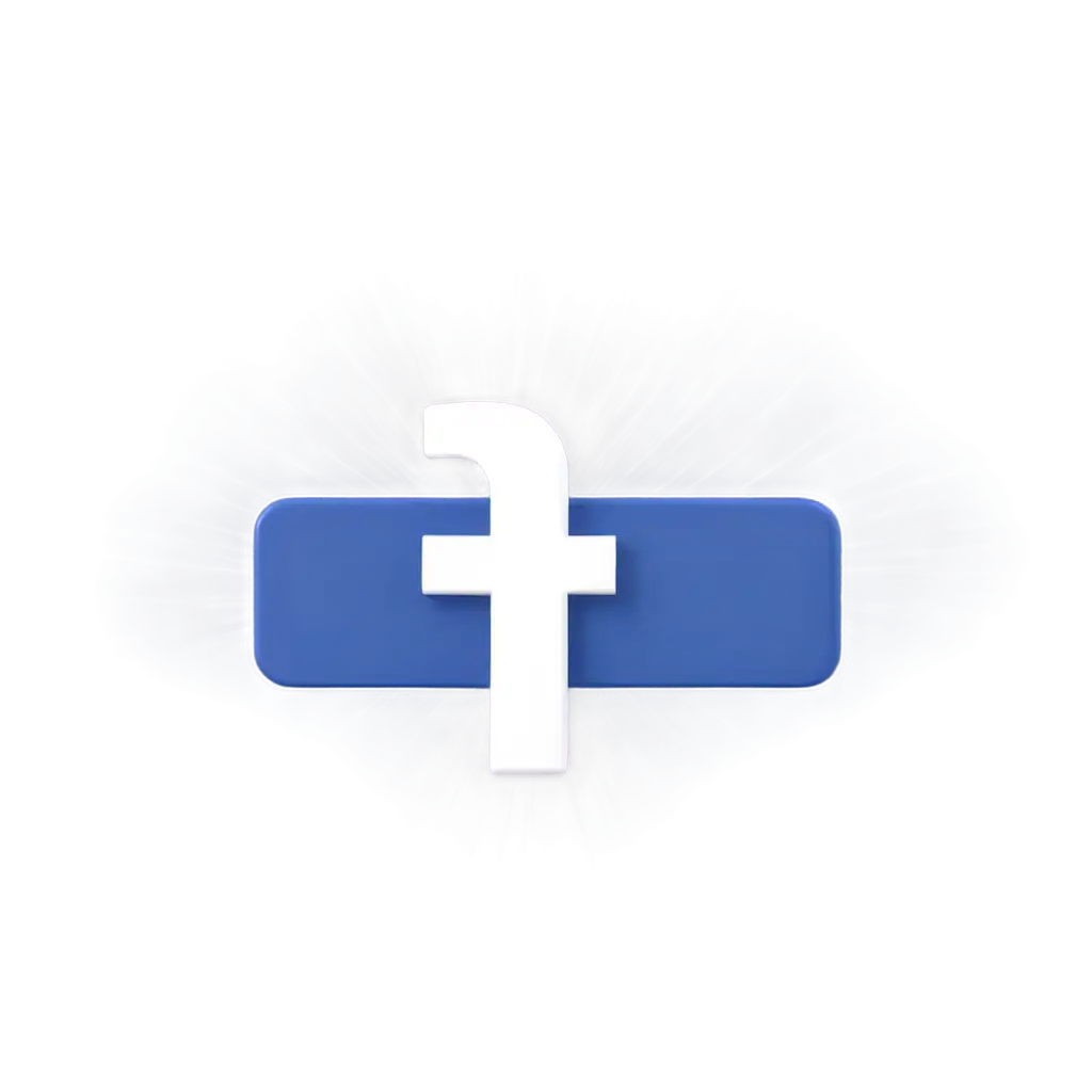 A 3D Facebook icon with a blue background and a stylized 'f' logo, hovering above a glossy surface.