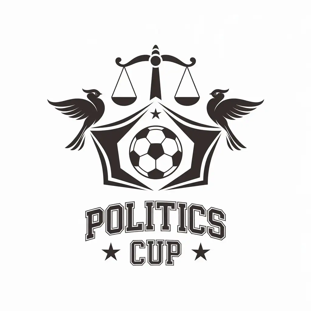 a vector logo design,with the text "politics cup", main symbol:scales at the top, two bonghwa birds on both sides of a curved pentagon, and inside it there's a soccer ball,Moderate,be used in Sports Fitness industry,clear background