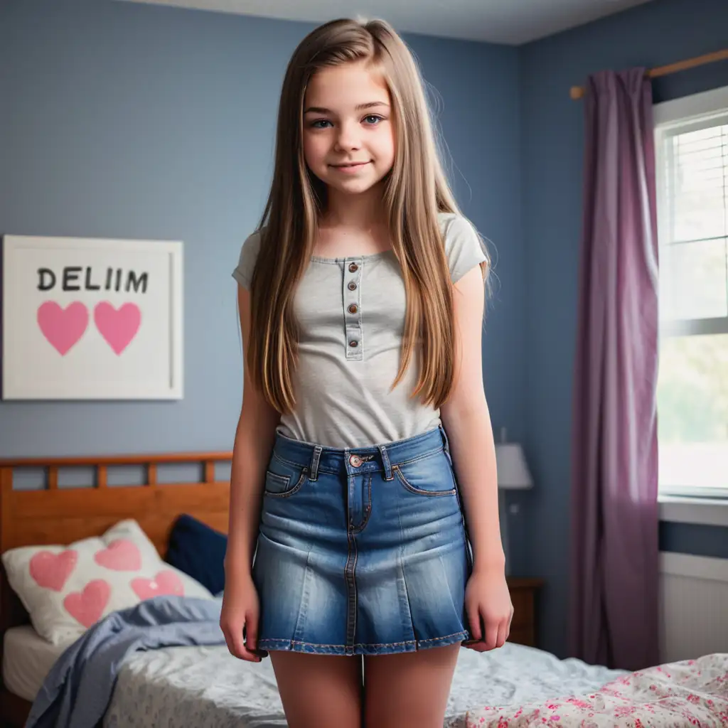 Adorable-Teen-Girl-in-Denim-Skirt-Standing-in-Bedroom