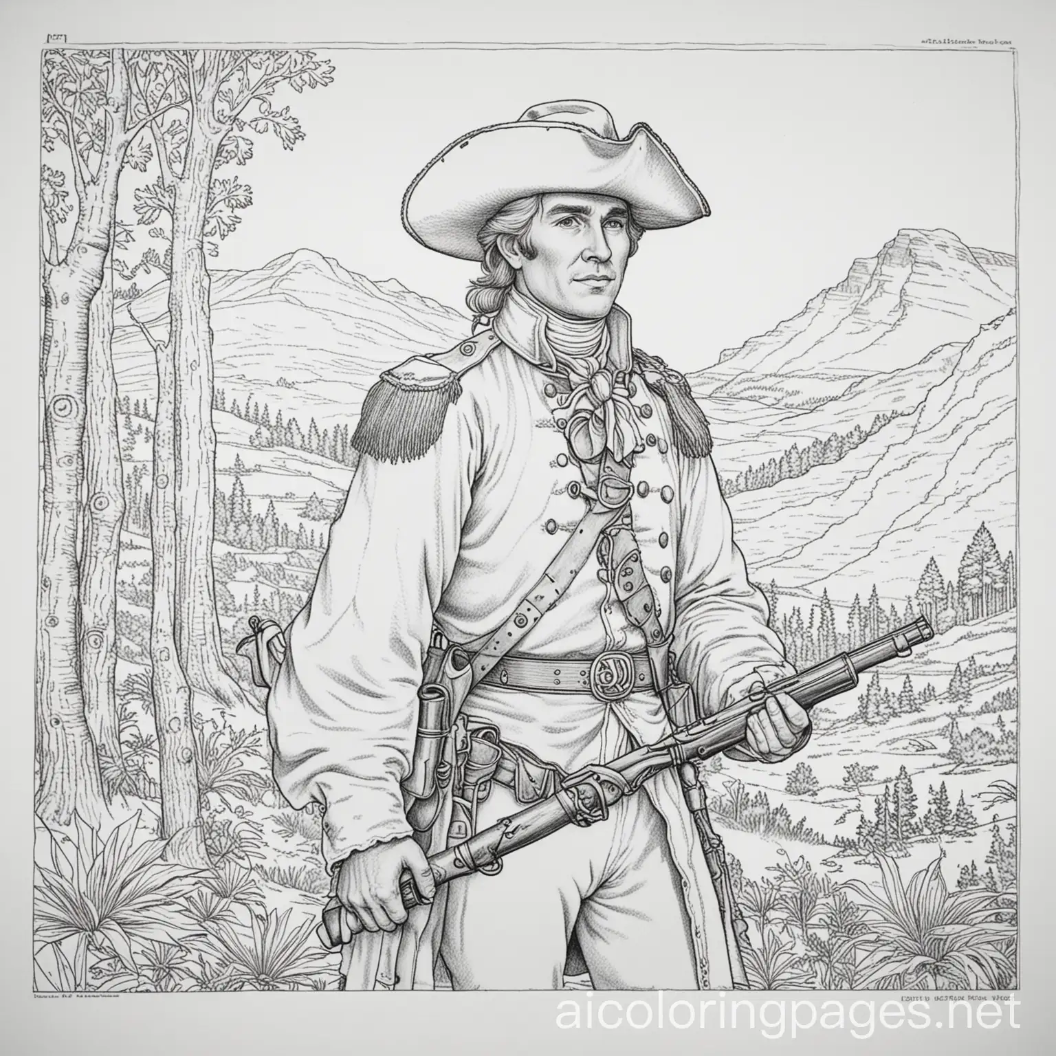 meriwether lewis corps of discovery, Coloring Page, black and white, line art, white background, Simplicity, Ample White Space. The background of the coloring page is plain white to make it easy for young children to color within the lines. The outlines of all the subjects are easy to distinguish, making it simple for kids to color without too much difficulty