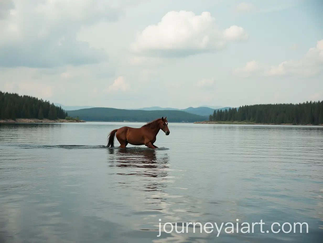 Horse-Wading-Through-a-Calm-Lake-in-Natural-Setting
