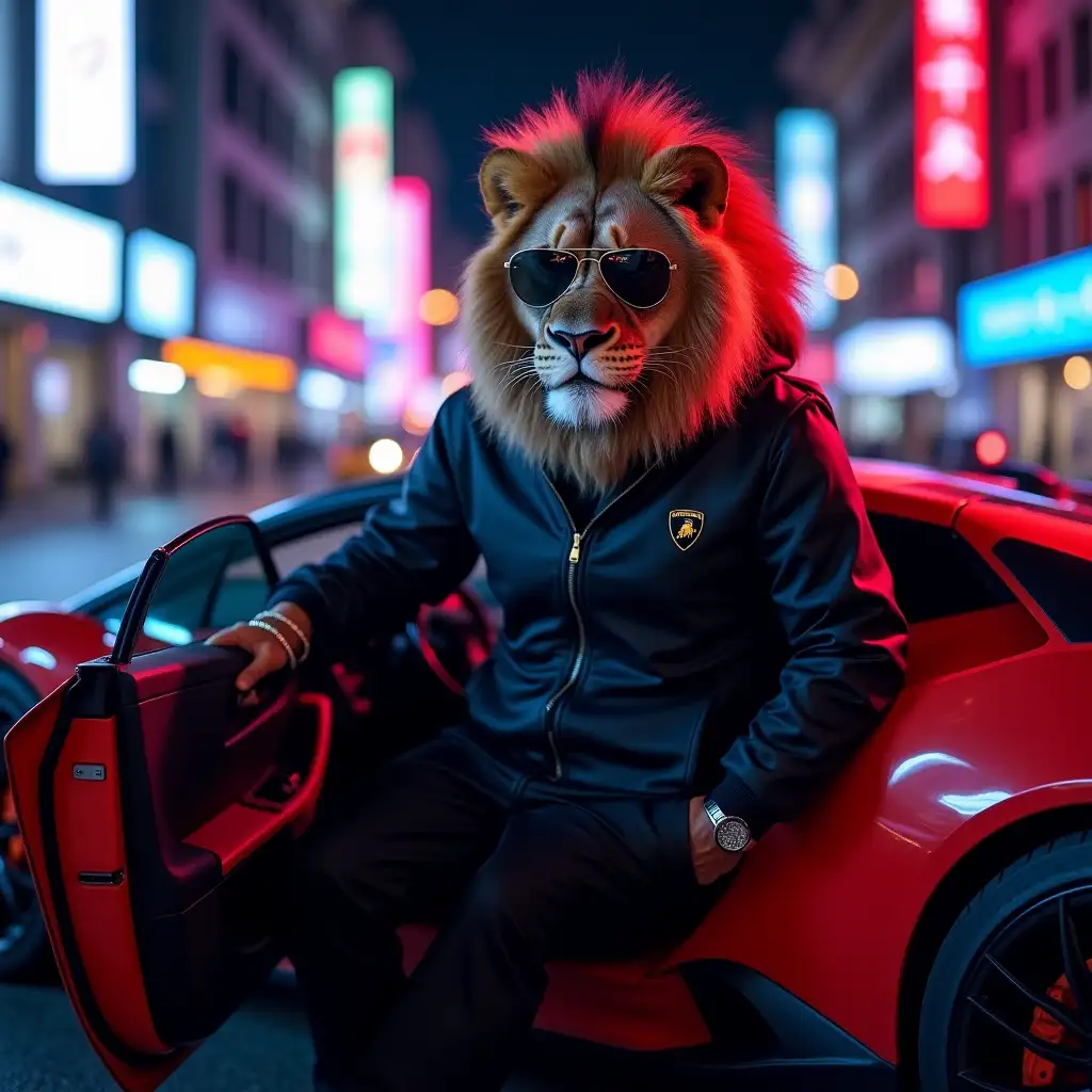 Lion gets out of the car Lamborghini, he is wearing dark glasses and a tracksuit, on the background of the city street, neon bring out, cyber punk style 