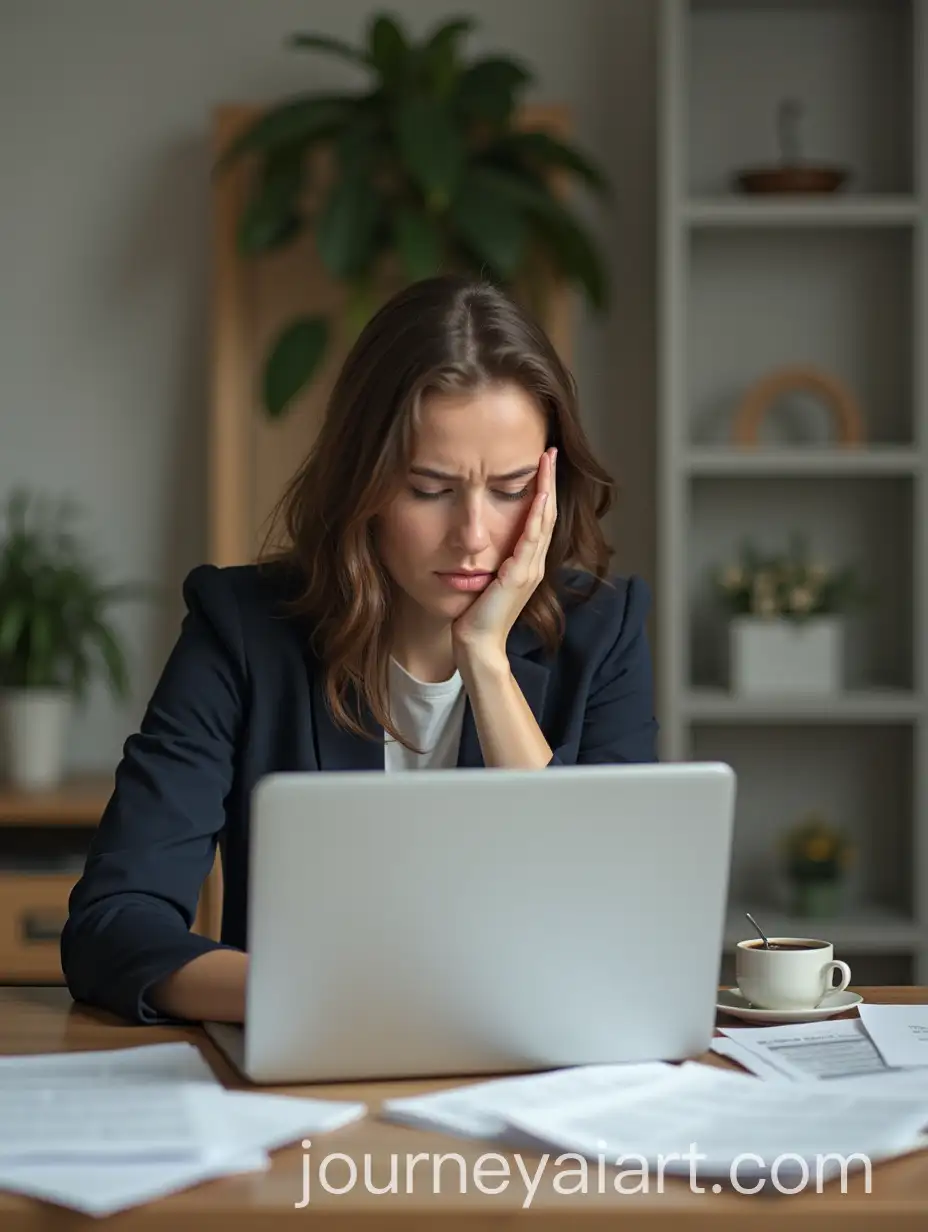 Young-Woman-at-Desk-Surrounded-by-Papers-with-Stressed-Expression