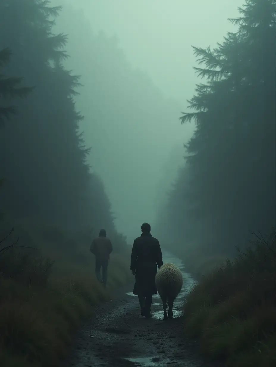 A serene yet powerful scene of a compassionate shepherd leading a lone traveler through a dark and misty valley...