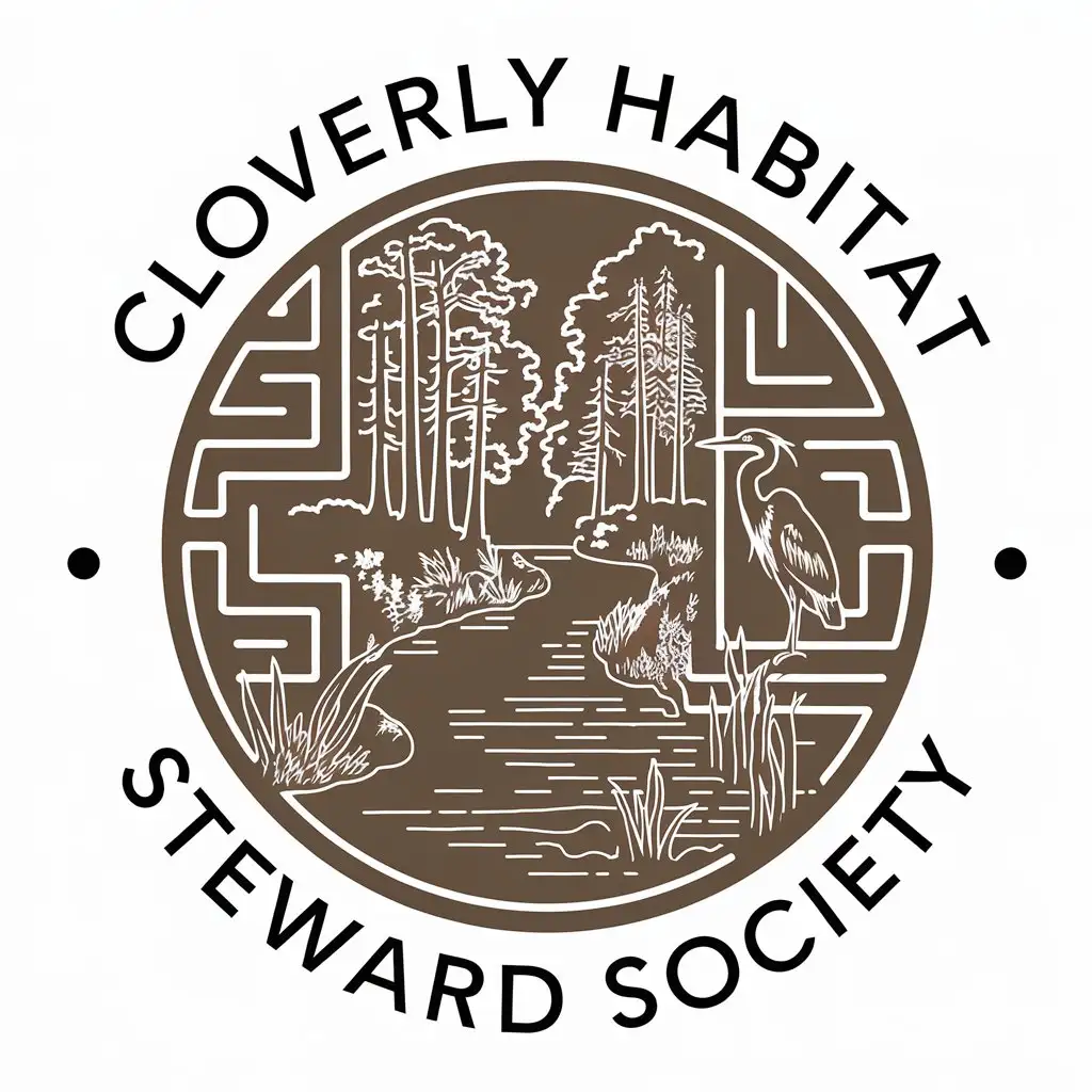 LOGO Design for Cloverly Habitat Steward Society Oak Hickory Forest Stream with Native Plants and Heron in Asian Block Print Style