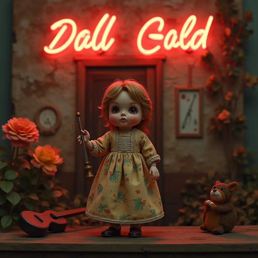 1. Background: Blurry old building, flowers and musical instruments, old wax dolln2. Neon inscription: Doll