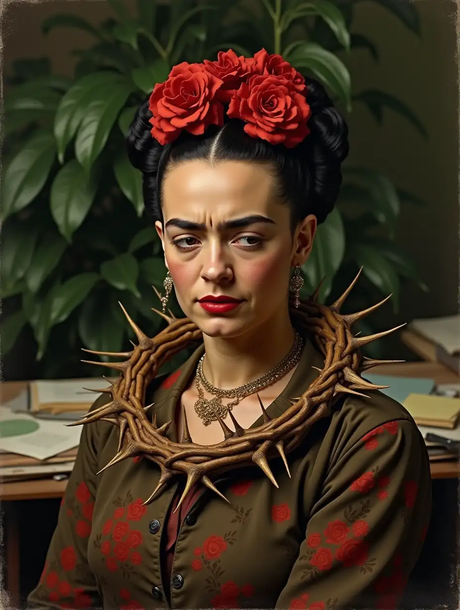 El Autorretrato con Collar de Espinas (1940): Frida Kahlo with a collar of thorns and an expression of pain, with a background of green leaves and a disorderly work table behind her.