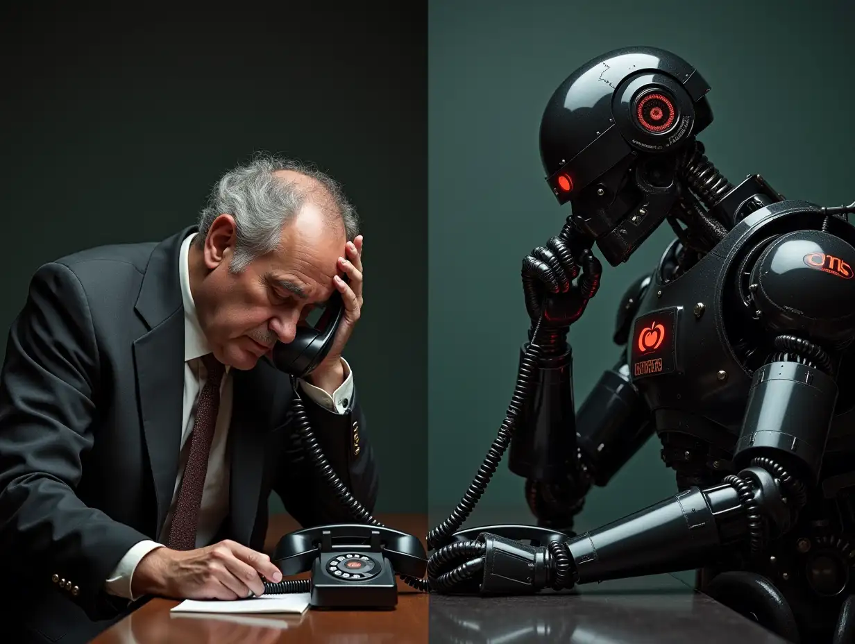 user_prompt: Stark contrast composition. Left: human manager exhausted with single landline phone - collapsed over desk, barely holding one classic black bakelite telephone handset, cord tangled around arm, expression of complete fatigue. Right: T-800 style cyborg manager efficiently handling multiple calls - mechanical arms smoothly operating dozens of vintage telephone handsets simultaneously, each with classic spiral cords, handsets arranged in impressive mechanical array around the cyborg, perfect posture, partial endoskeleton visible, tomato logo glowing on tactical uniform. Classic black bakelite telephone handsets create retro-futuristic aesthetic. Movie-quality lighting, 8k detail, emphasizing dramatic contrast between single vs multiple call handling.