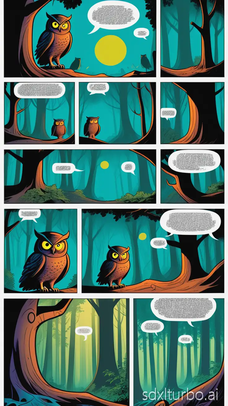 Create a 6-panel comic page in colorful comic book style.  Each panel should have bold black outlines, halftone textures, and vibrant colors.  Include speech bubbles with simple dialogue inside each panel.   Story setup: 1. Panel 1: A curious young hero enters a mysterious forest, looking surprised. Dialogue: "What is this place?" 2. Panel 2: A talking owl appears on a tree branch. Dialogue: "Welcome, traveler!" 3. Panel 3: The hero looks amazed. Dialogue: "Did you just… talk?" 4. Panel 4: The owl points deeper into the forest. Dialogue: "Danger awaits ahead!" 5. Panel 5: A shadowy monster appears with glowing eyes. Dialogue: "Grrr!" 6. Panel 6: The hero raises a sword, ready to fight. Dialogue: "I’m not afraid!"  Style requirements: - Professional comic book illustration - Clear panel borders (3 panels on top row, 3 panels on bottom row) - Speech bubbles inside panels - Consistent characters across panels - Bright, dynamic pop art coloring
