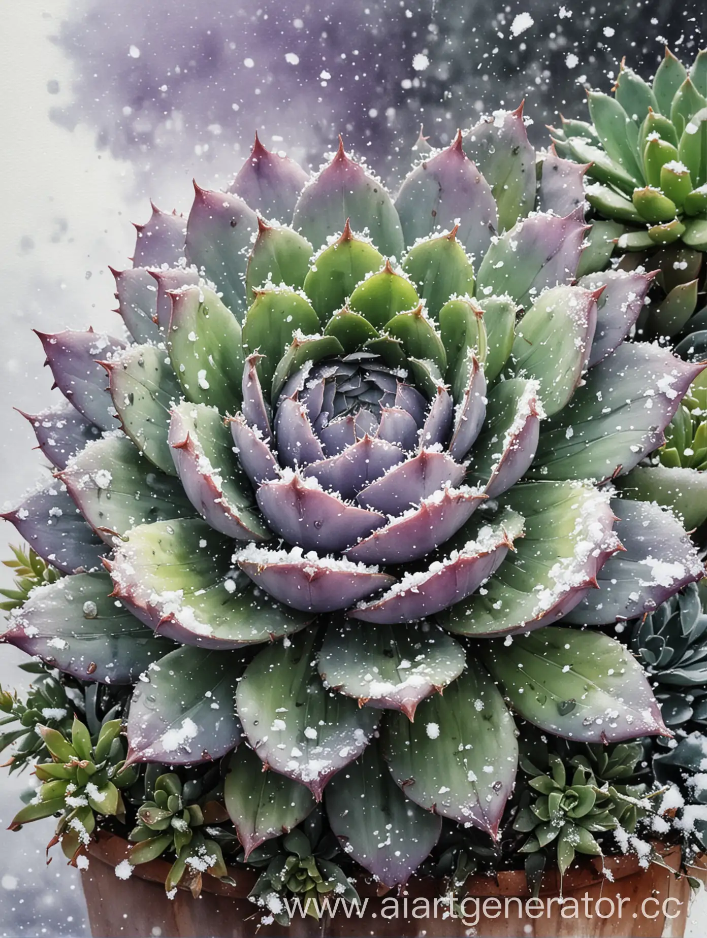 realistic, wet on wet oil brush stroke, watercolor succulent , purple and green, snowy day, lightly covered with snow