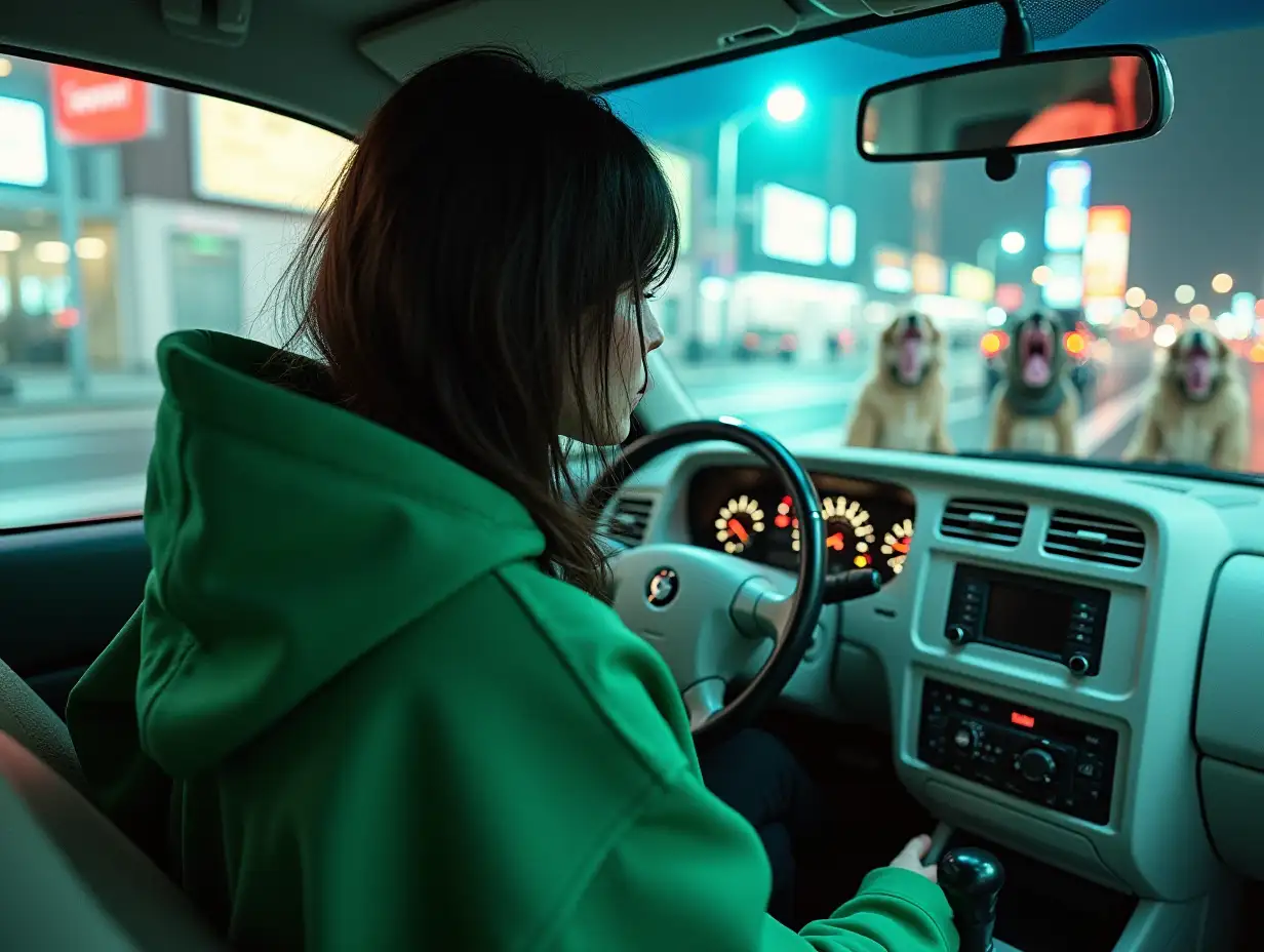 Cyber punk environments A women with dark hair and a green hoodie driving a small white car and dogs barking