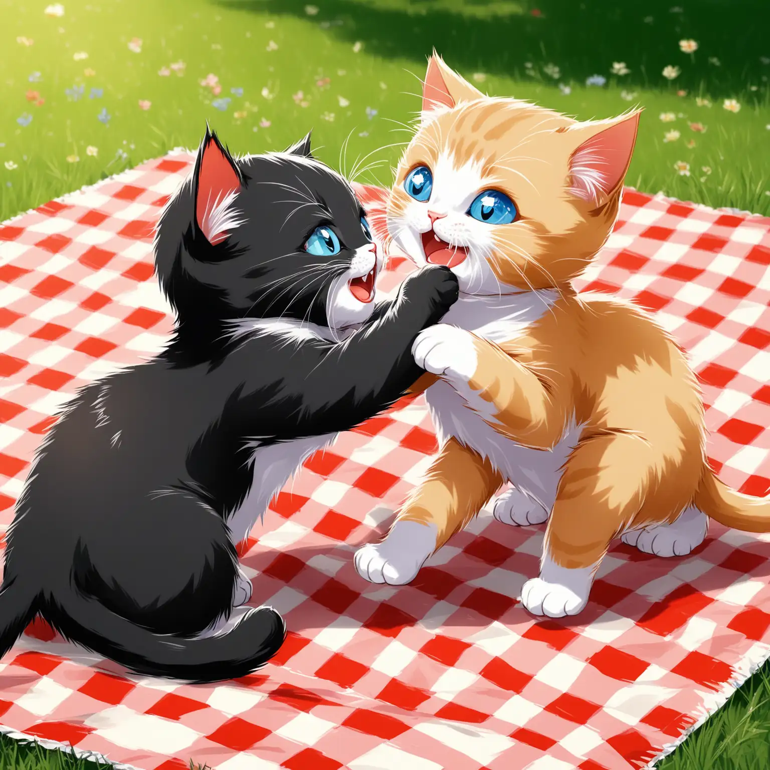 Two Playful Kittens on a Picnic Blanket