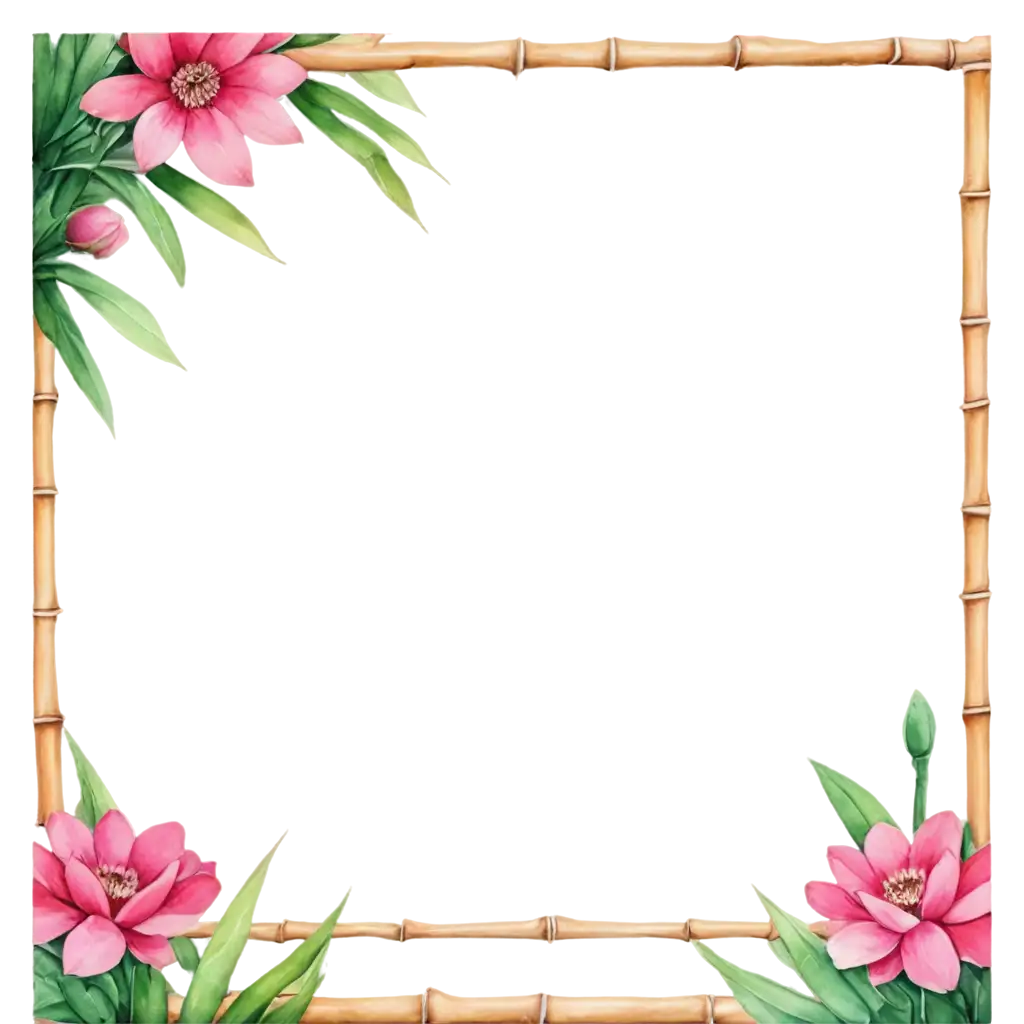 Watercolor-PNG-Image-of-Rectangular-Bamboo-Frame-with-Anemone-Flowers-and-Green-Leaves