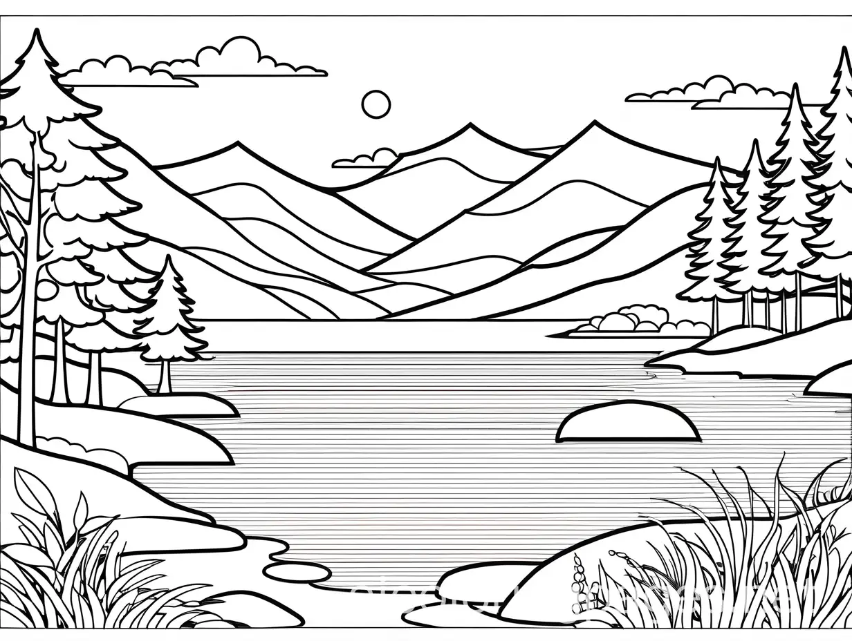 beautiful lake scene Coloring-Page-for-Kids-easy-outline for coloring page, Coloring Page, black and white, line art, white background, Simplicity, Ample White Space. The background of the coloring page is plain white to make it easy for young children to color within the lines. The outlines of all the subjects are easy to distinguish, making it simple for kids to color without too much difficulty