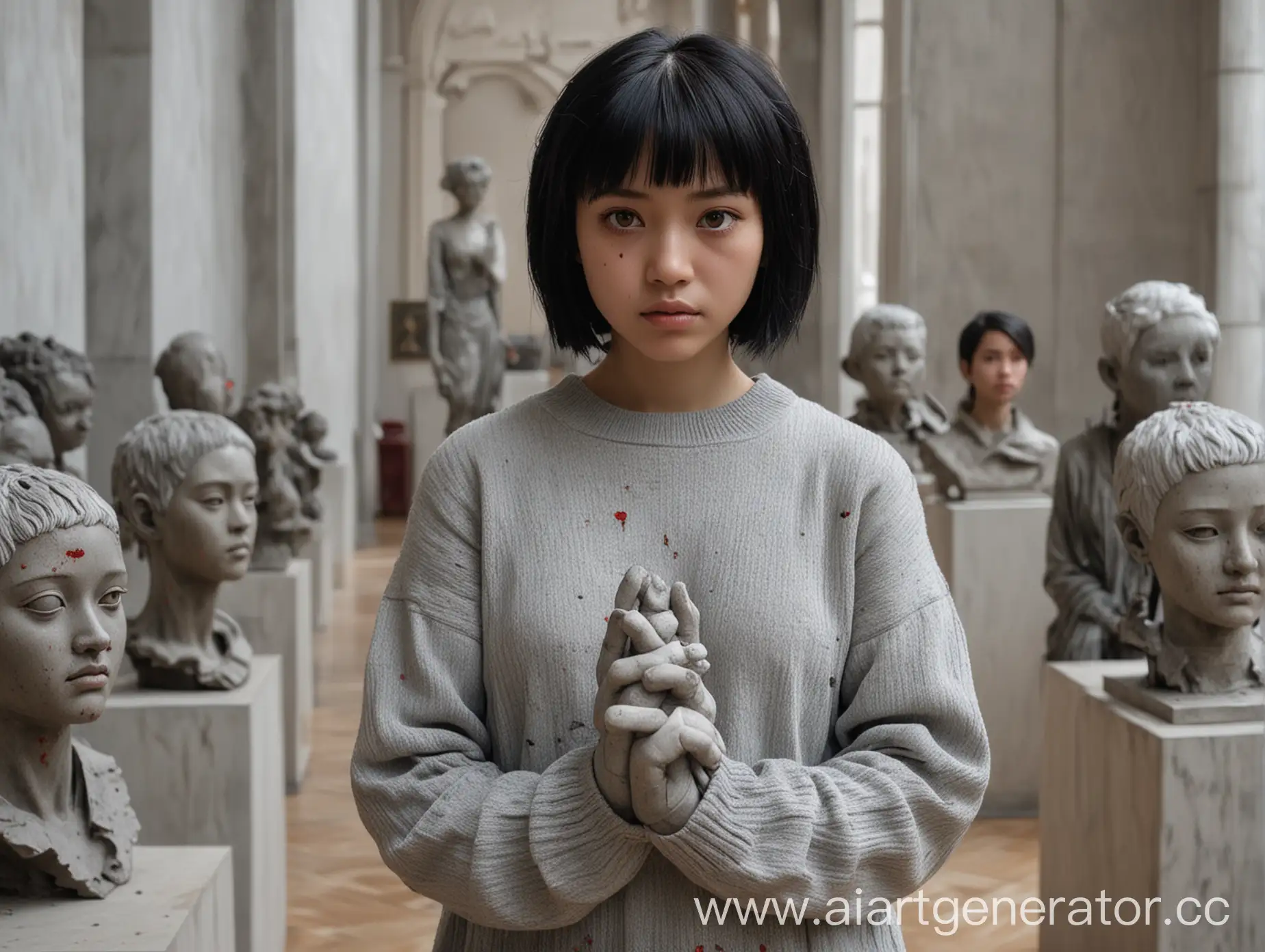 Asian-Girl-in-Art-Museum-with-Sculptural-Copies-and-Destroyed-Head