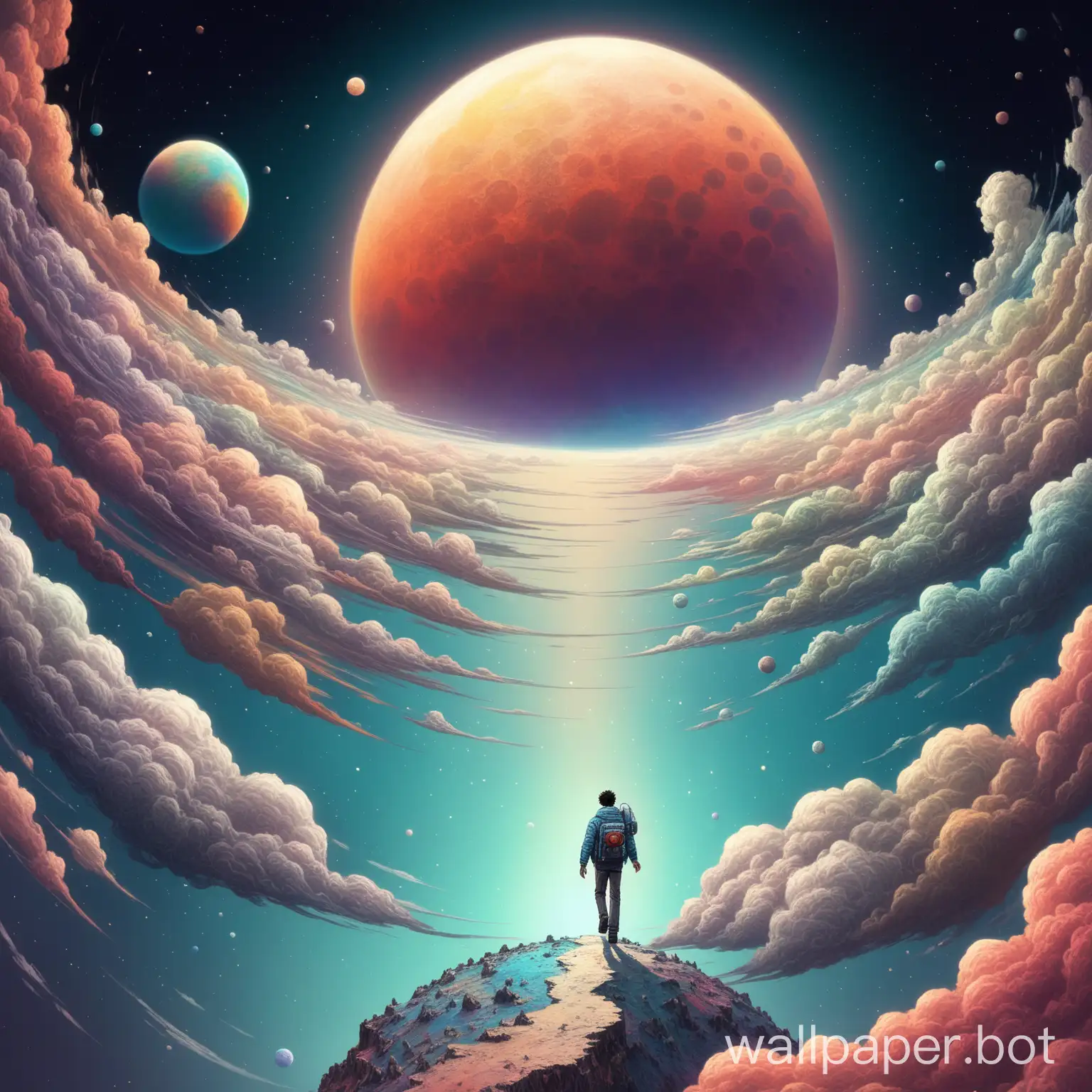 a man walking on the edge of a small planet, a moon above and with many volumetric clouds next to it in colors.