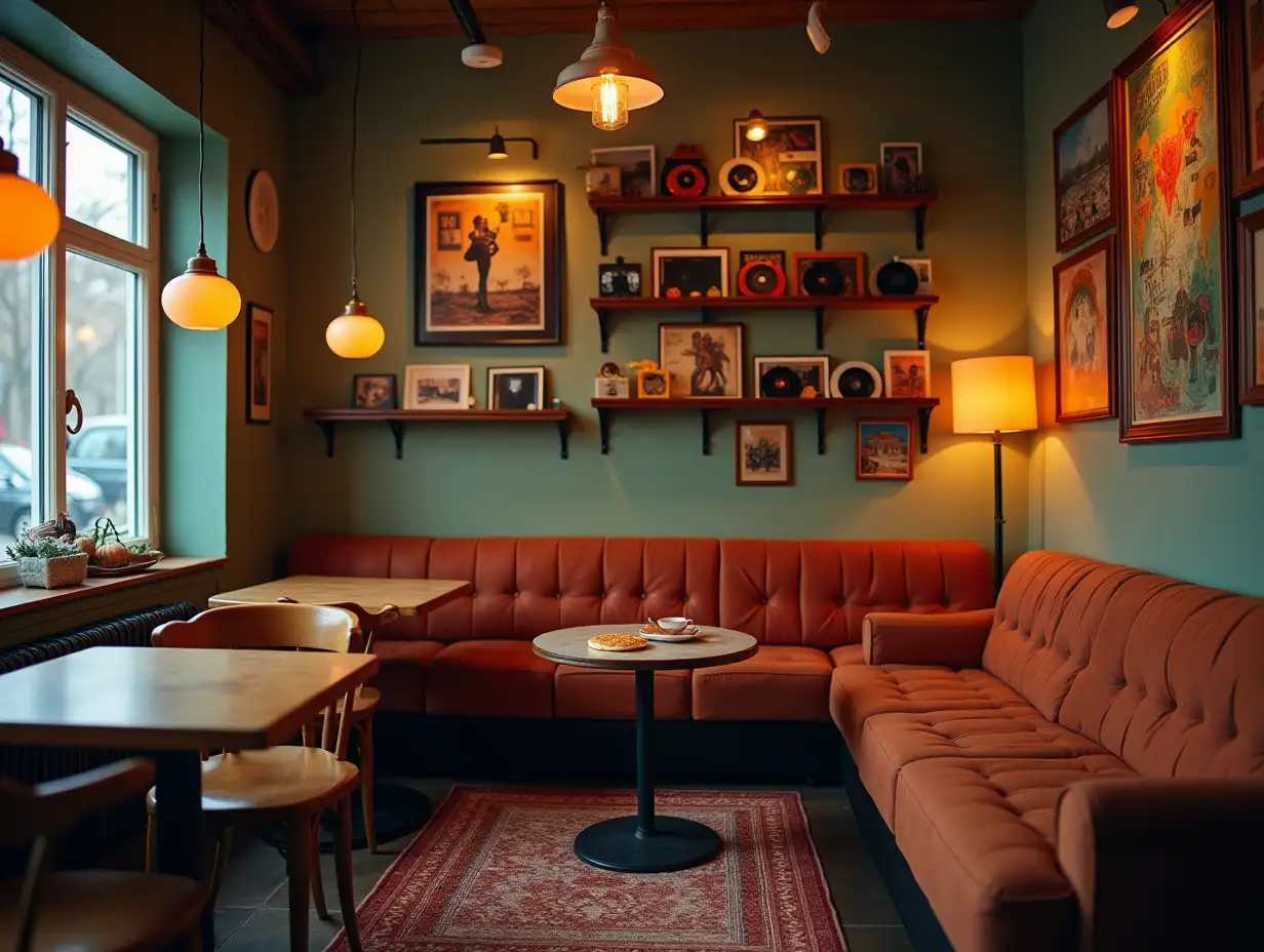 vintage coffee shop, inside which are soft sofas, retro posters, vinyl records on the shelves, Polaroid photos hanging, lamps on tables with orange light, making pancakes and tasty coffee