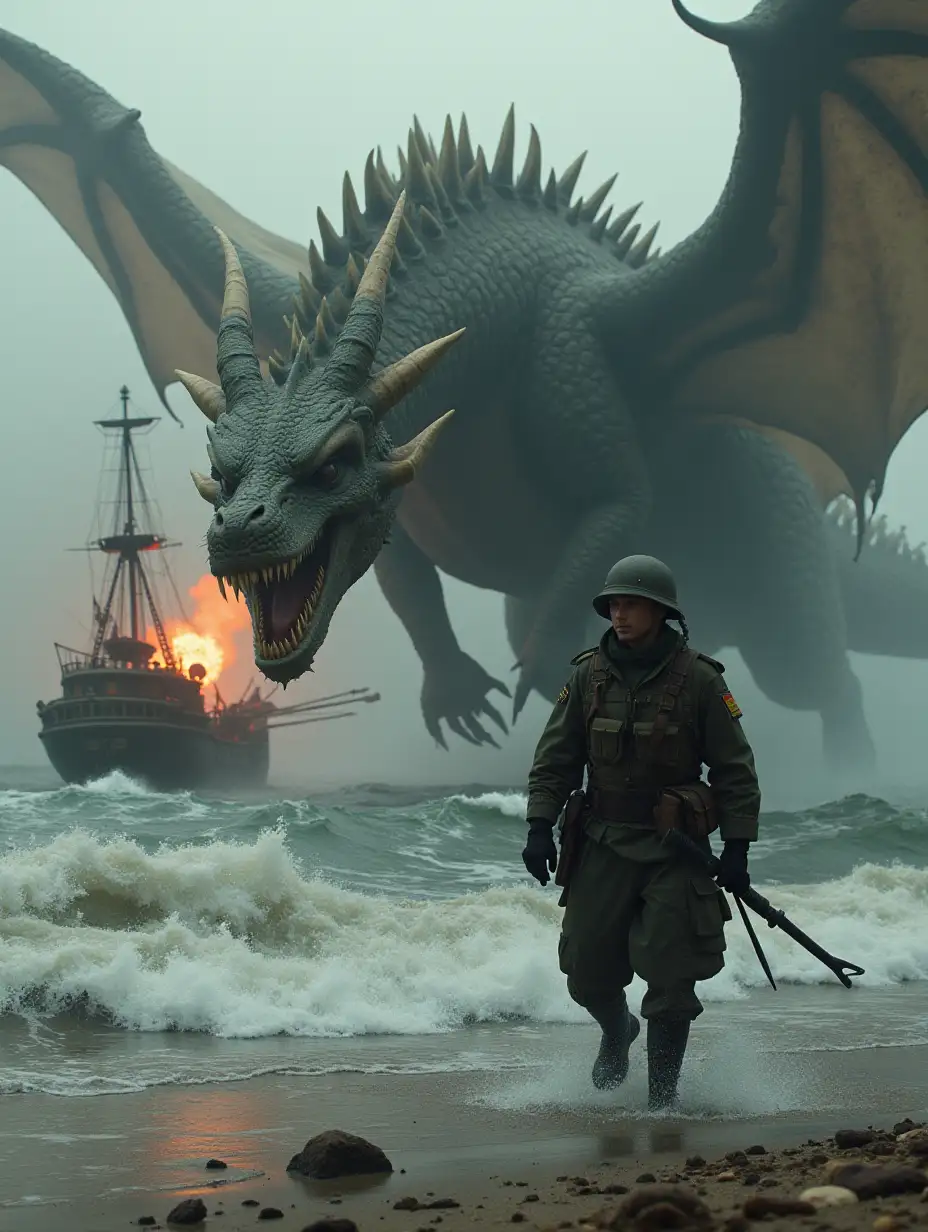 A man dressed as an Army soldier of the Republic of Indonesia and a very giant dragon are walking together in the middle of a very terrifying naval battle