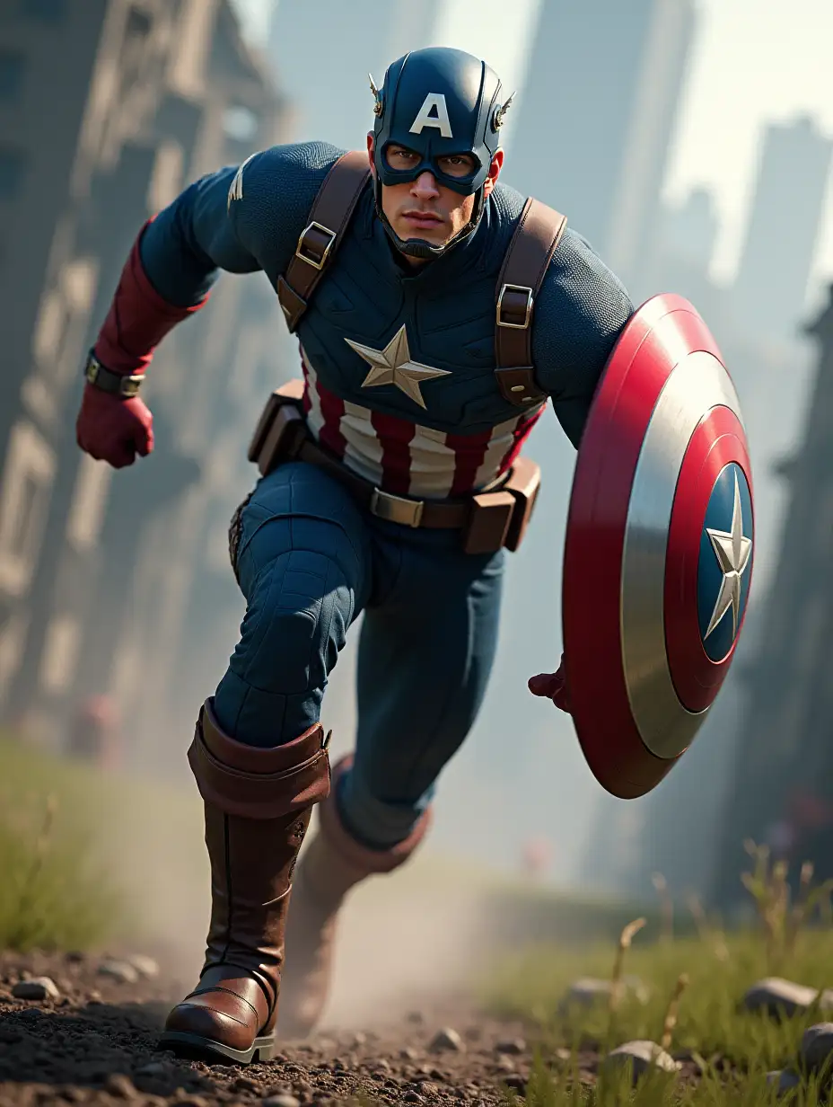 A highly detailed and realistic digital artwork of Captain America in an action-packed running pose. He is dressed in his iconic blue suit with a white star on his chest, red and white stripes, and sturdy combat boots. His muscular physique is well-defined, and his face shows determination and focus. He holds his vibranium shield firmly in one hand, angled slightly as if ready for battle. The background features a dynamic environment, such as a war-torn battlefield, a futuristic city, or a lush green park, with motion blur effects to enhance the sense of speed. The lighting is dramatic, casting highlights on his suit and emphasizing movement. The overall style is cinematic, blending realism and heroism in an intense action scene.