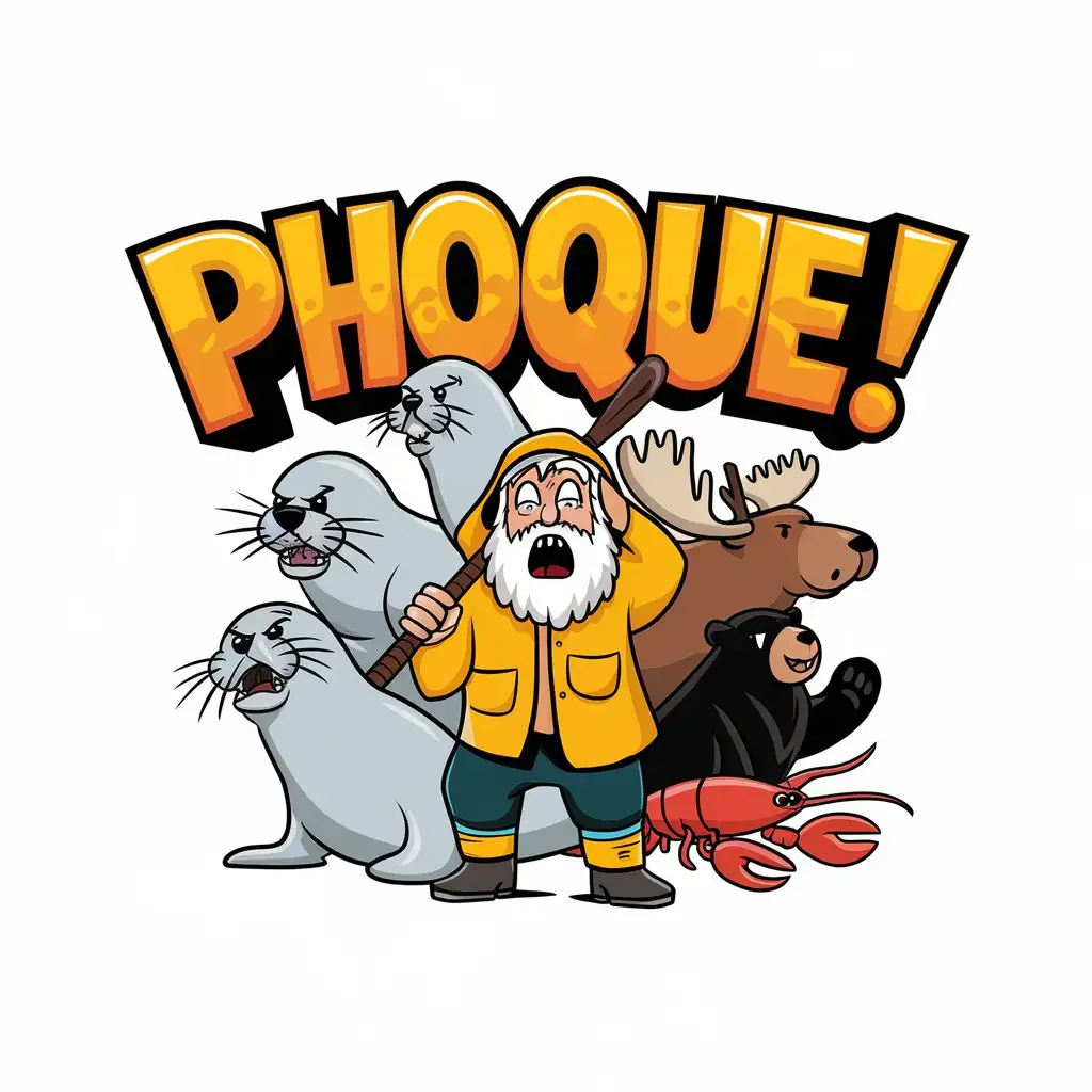 LOGO-Design-For-Phoque-Scared-Fisherman-with-Yellow-Rain-Pants-Hat-and-Jacket-Holding-a-Seal-Club-Surrounded-by-Angry-Seals-Moose-Black-Bear-and-Lobster