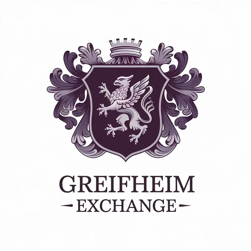 a vector logo design,with the text "Greifheim Exchange", main symbol:Logotype of crypto exchange. Logotype in the form of a coat of arms. On a dark purple shield, a silver griffin. The owner of the exchange is baron von Dragicz prinz aus Greifheim.,complex,be used in Finance industry,clear background