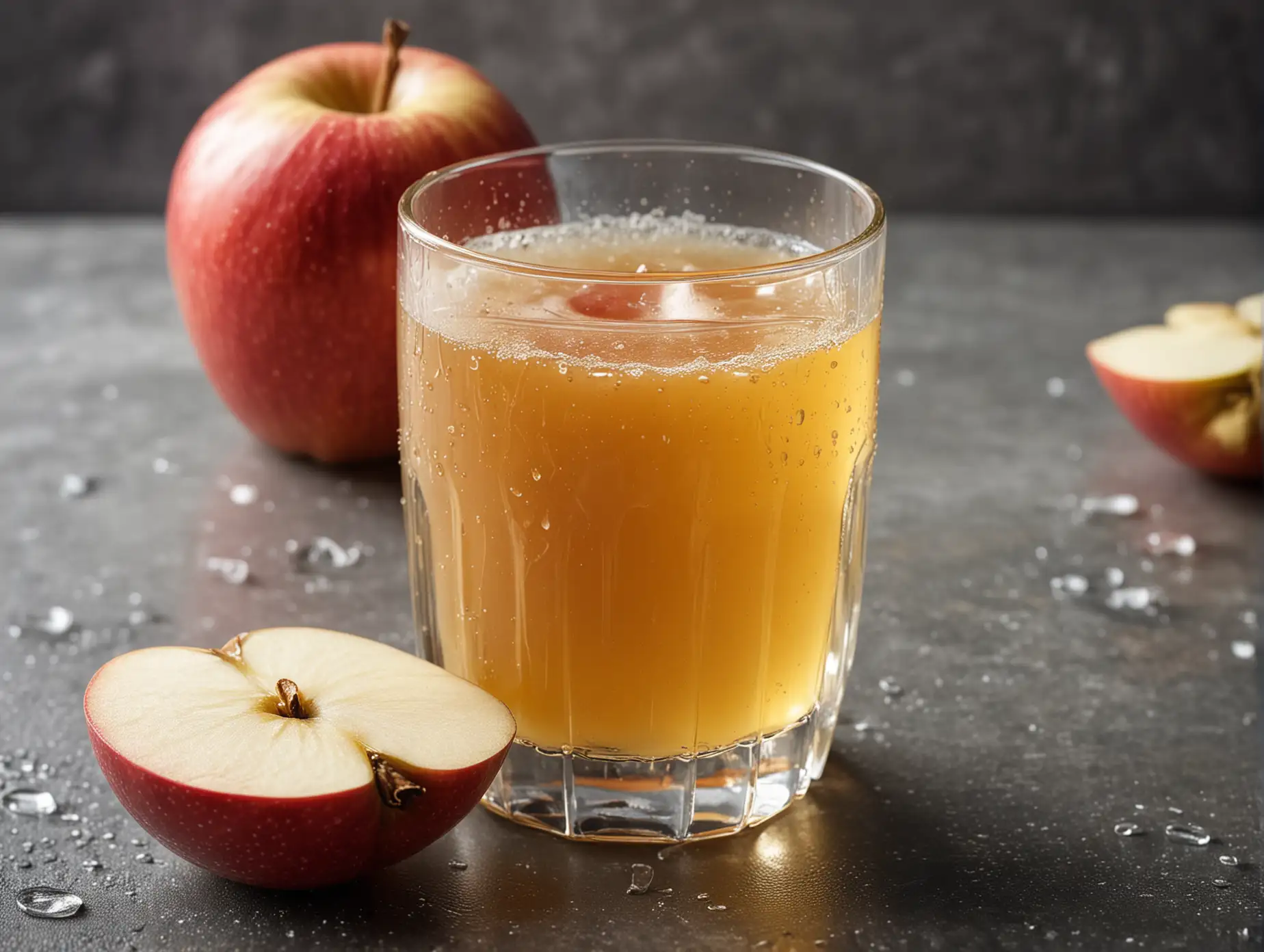 A glass of fresh apple juice with condensation on the glass and a slice of apple as a garnish.