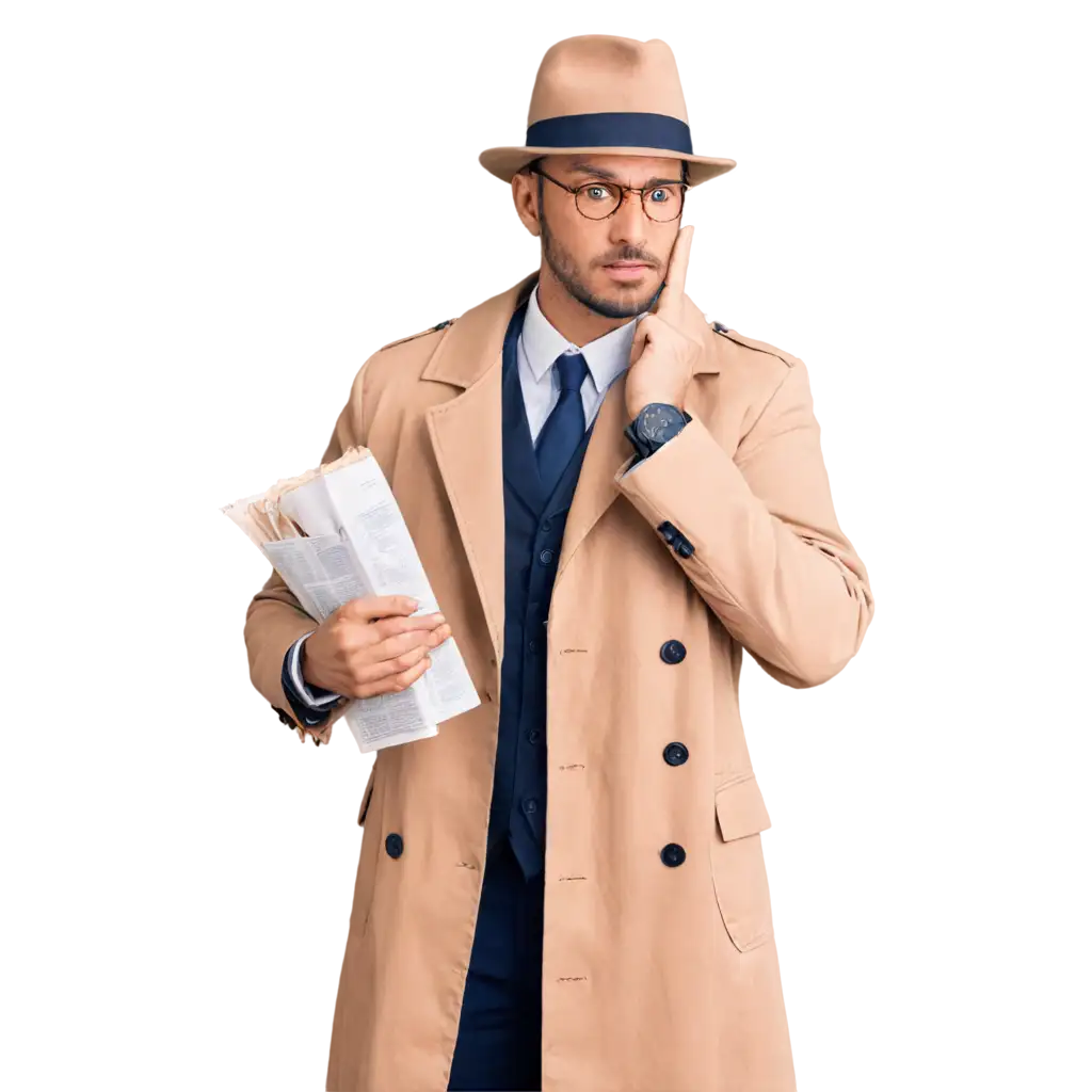 Detective-in-a-Trench-Coat-Holding-an-Old-Paper-PNG-Vintage-Noir-Art-for-Creative-Projects